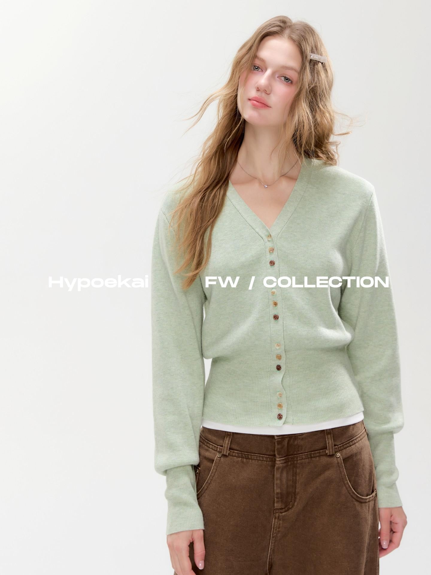 Hypoekai Mist Green Placket Colored Buttons V-neck Slim Women's Knit Button-up Cardigans