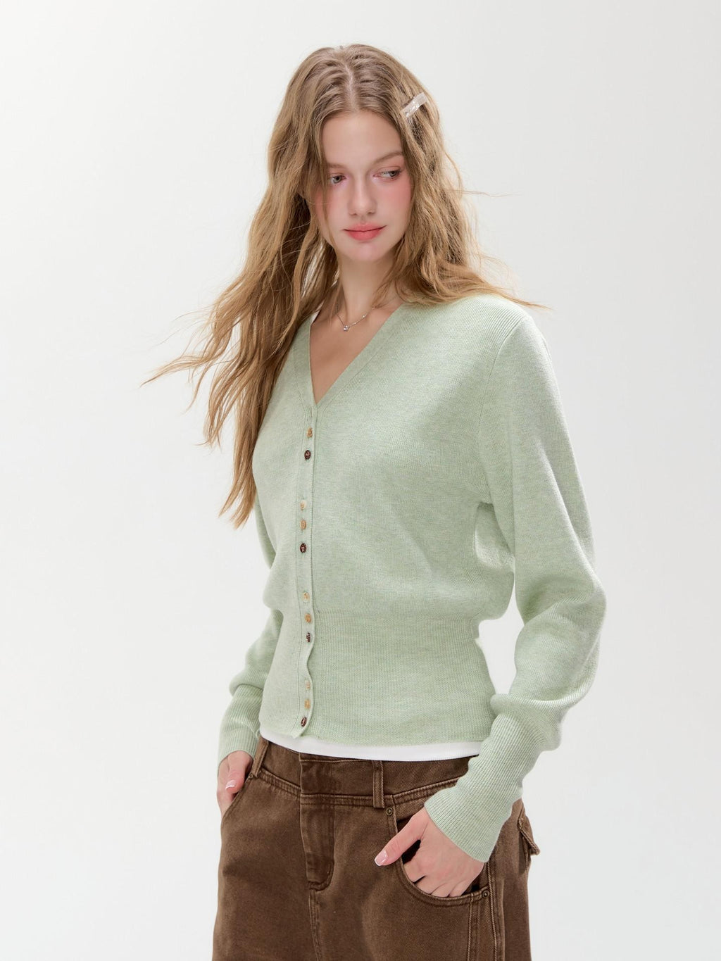 Hypoekai Mist Green Placket Colored Buttons V-neck Slim Women's Knit Button-up Cardigans