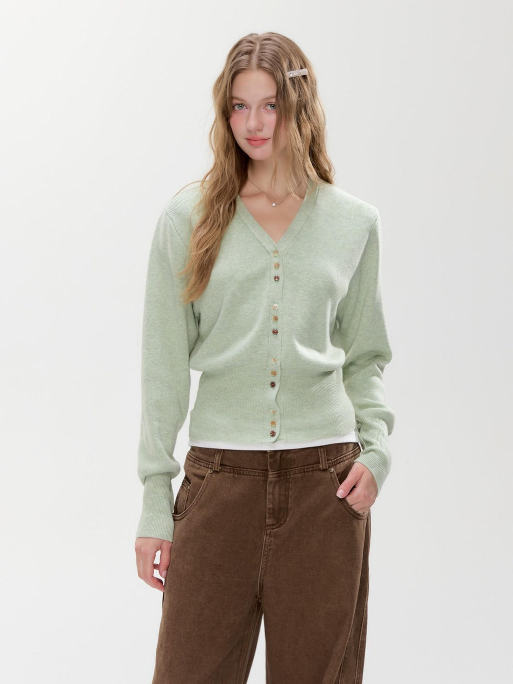 Hypoekai Mist Green Placket Colored Buttons V-neck Slim Women's Knit Button-up Cardigans