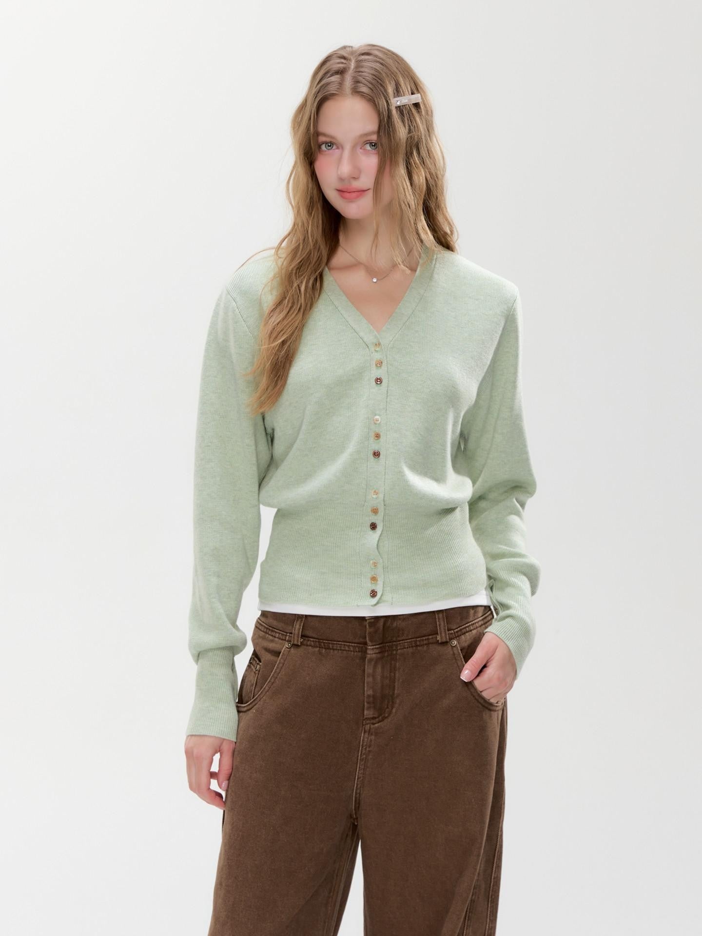 Hypoekai Mist Green Placket Colored Buttons V-neck Slim Women's Knit Button-up Cardigans