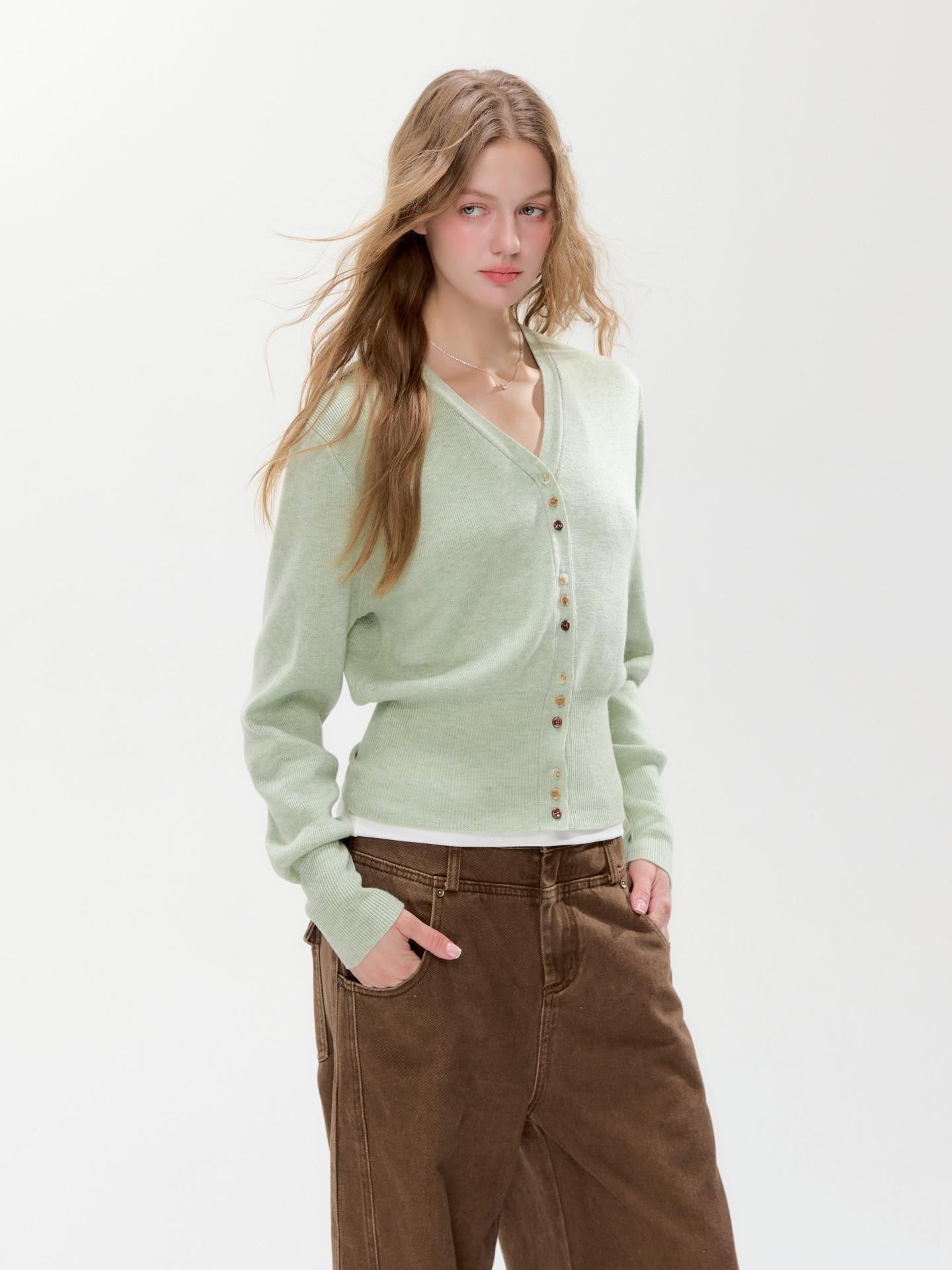 Hypoekai Mist Green Placket Colored Buttons V-neck Slim Women's Knit Button-up Cardigans