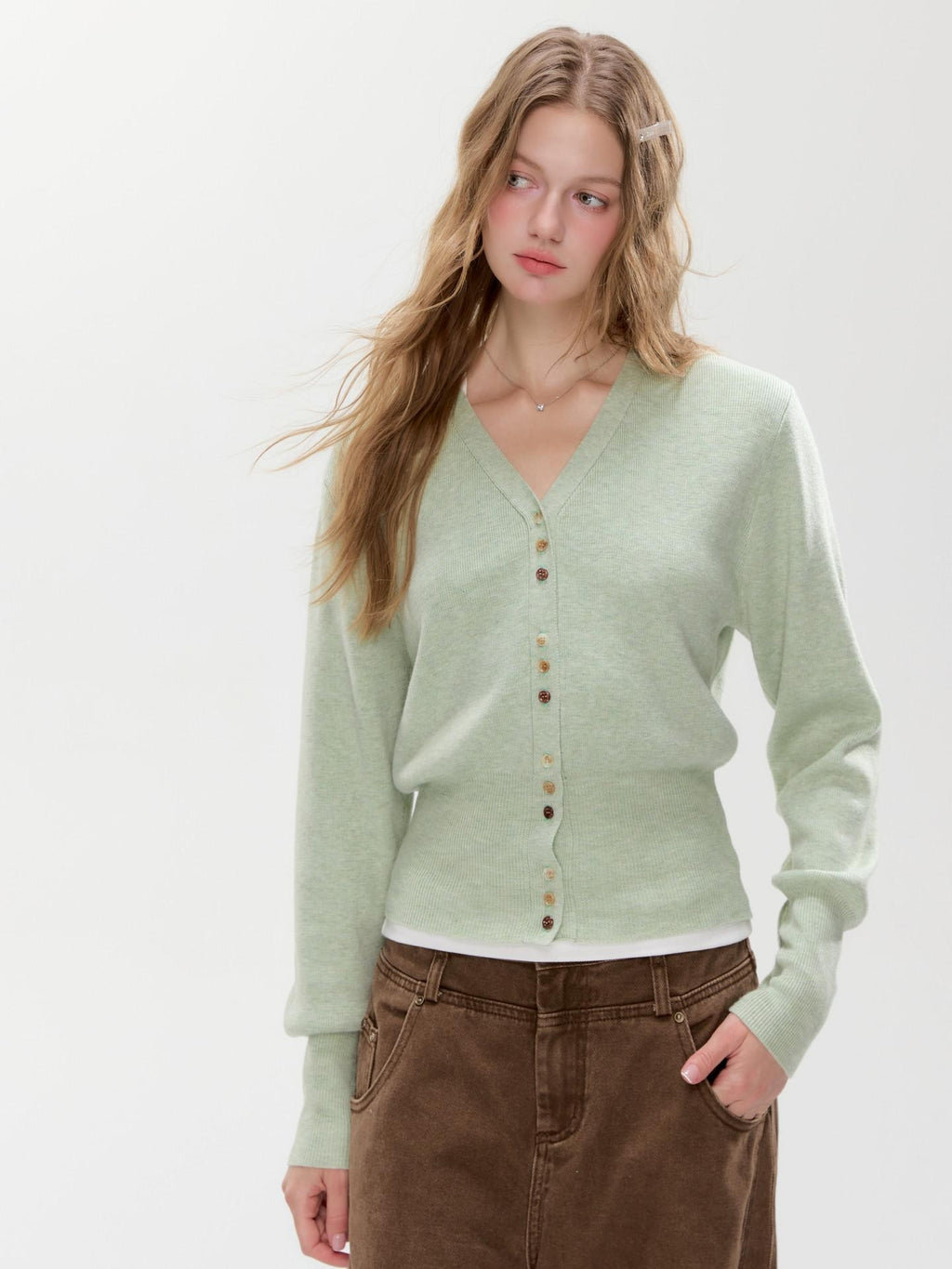 Hypoekai Mist Green Placket Colored Buttons V-neck Slim Women's Knit Button-up Cardigans