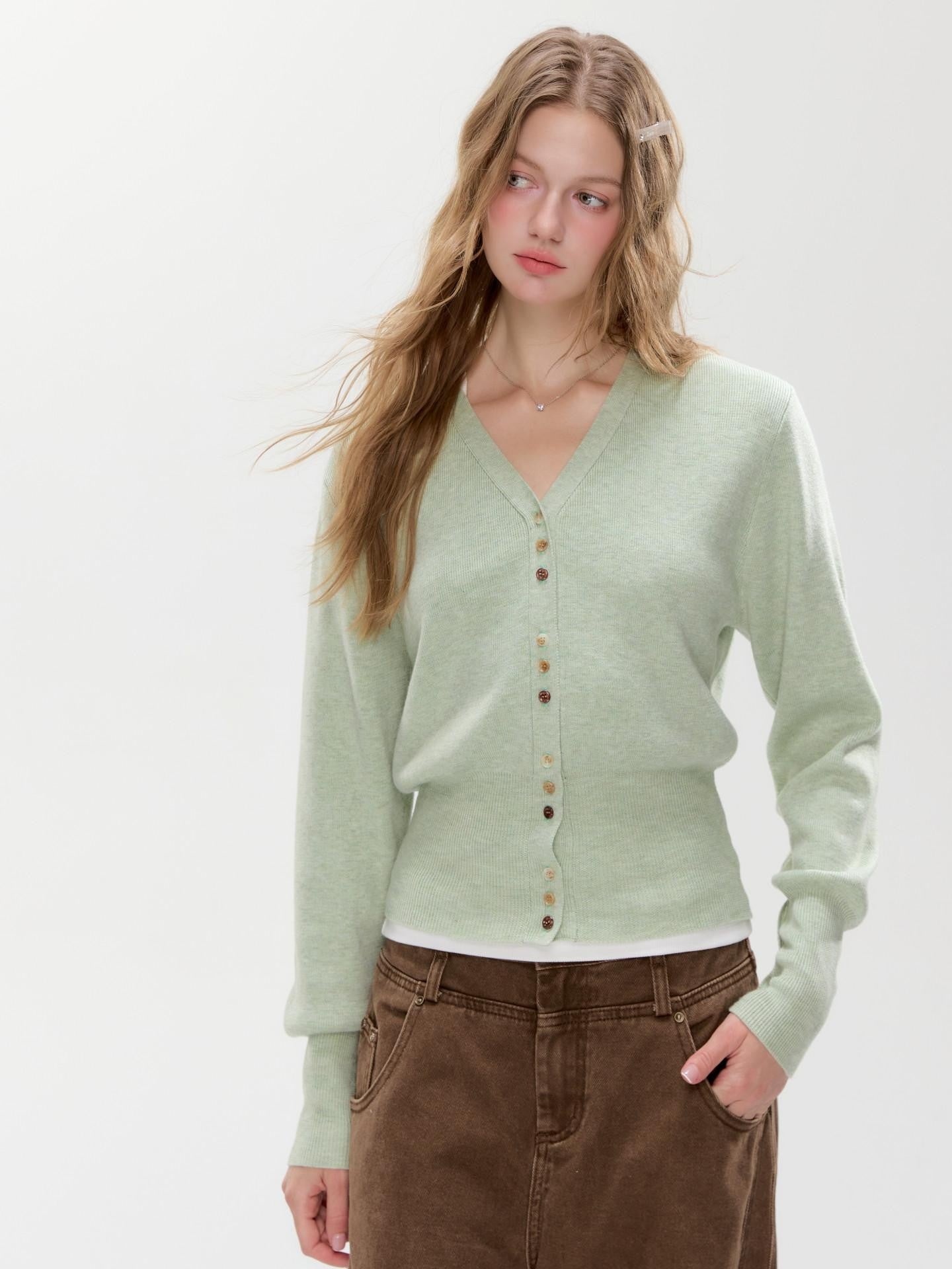 Hypoekai Mist Green Placket Colored Buttons V-neck Slim Women's Knit Button-up Cardigans