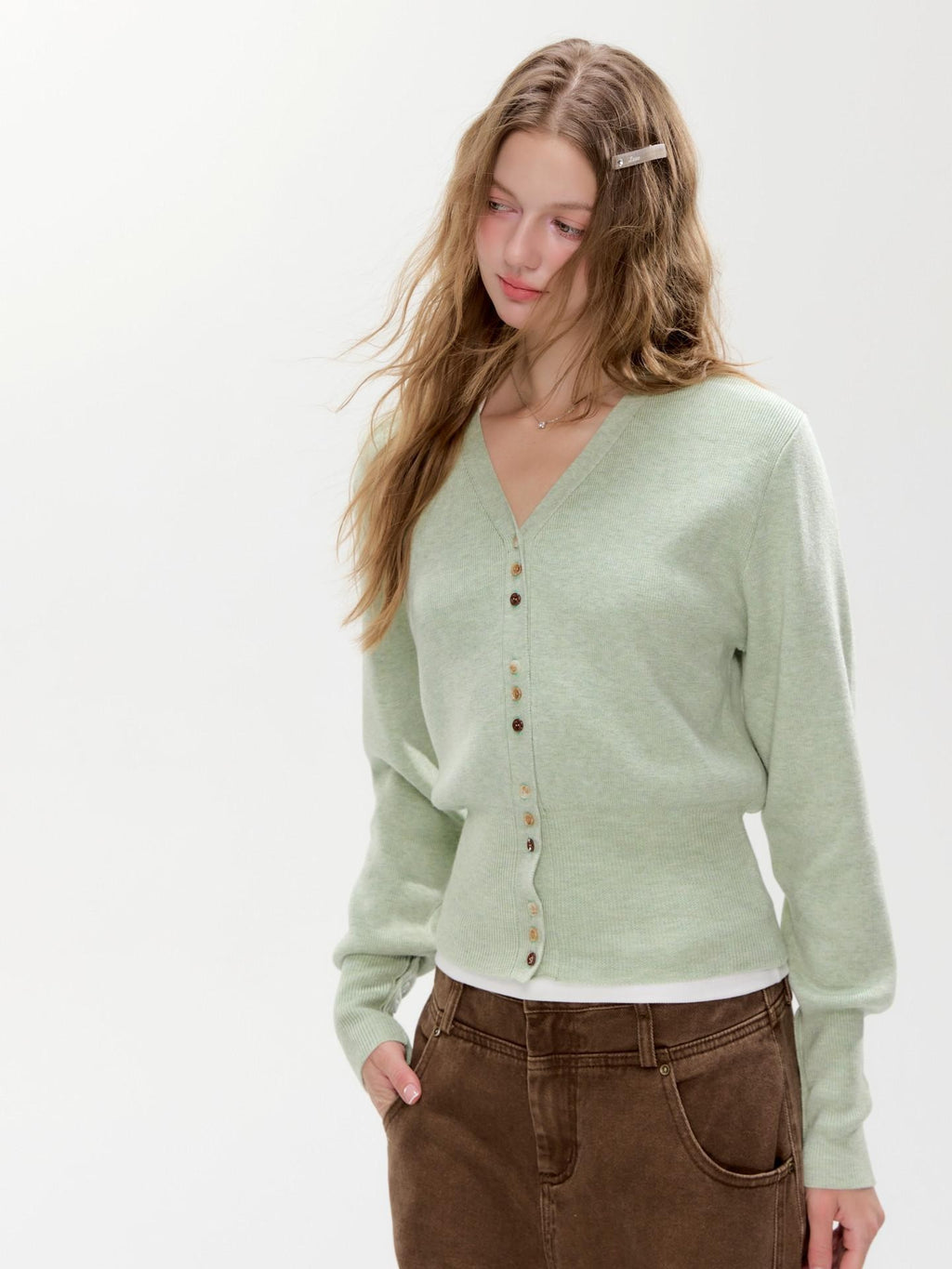 Hypoekai Mist Green Placket Colored Buttons V-neck Slim Women's Knit Button-up Cardigans