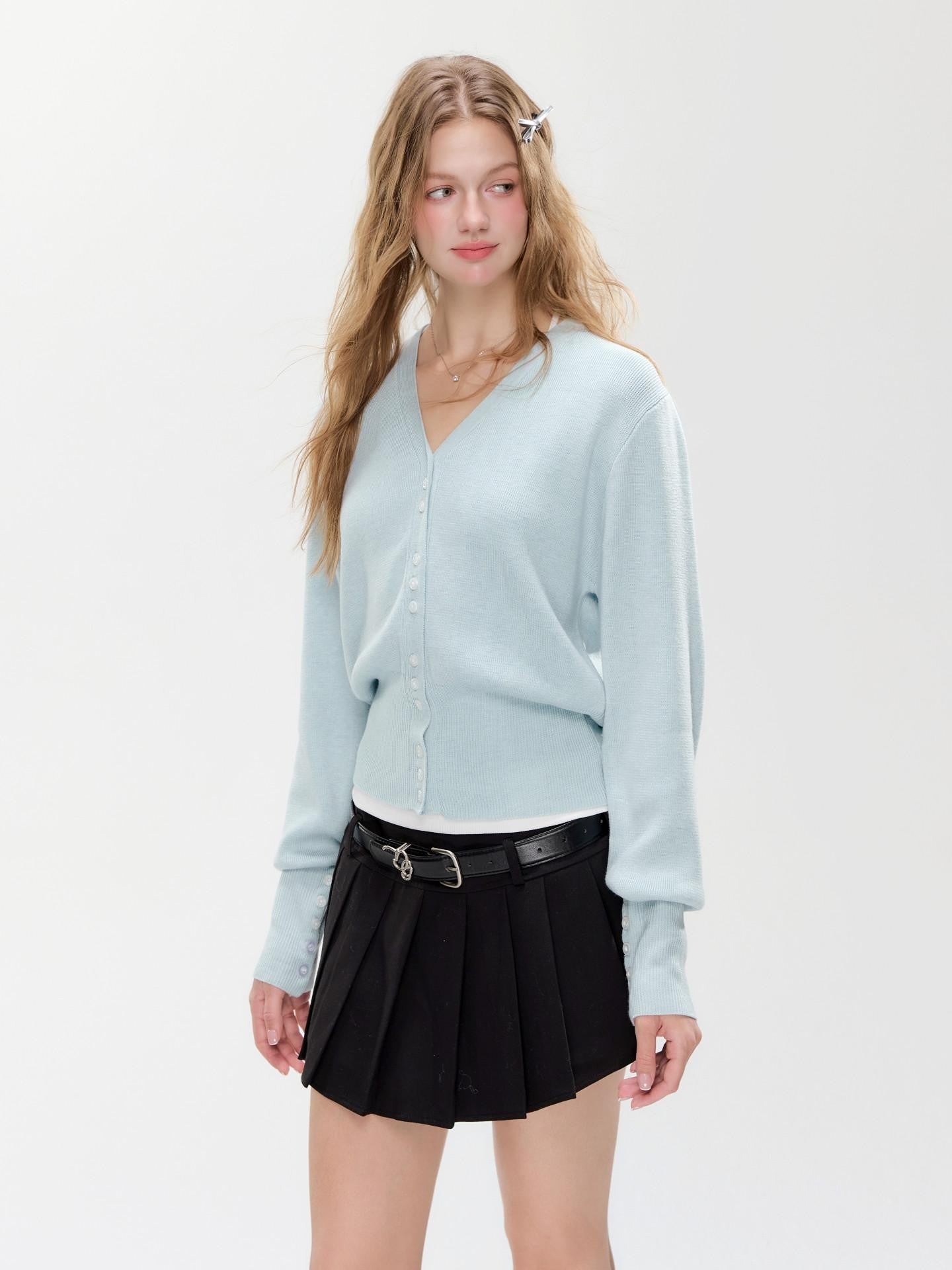 Hypoekai Mist Green Placket Colored Buttons V-neck Slim Women's Knit Button-up Cardigans