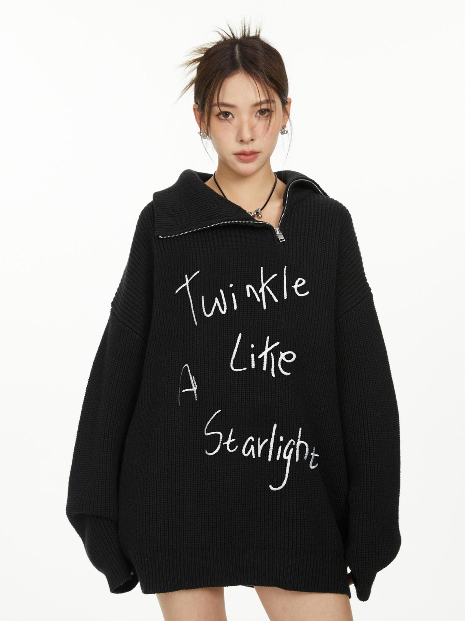 Hypoekai Oversized Embroidered Zipper Women's Knitted Turtleneck Sweaters