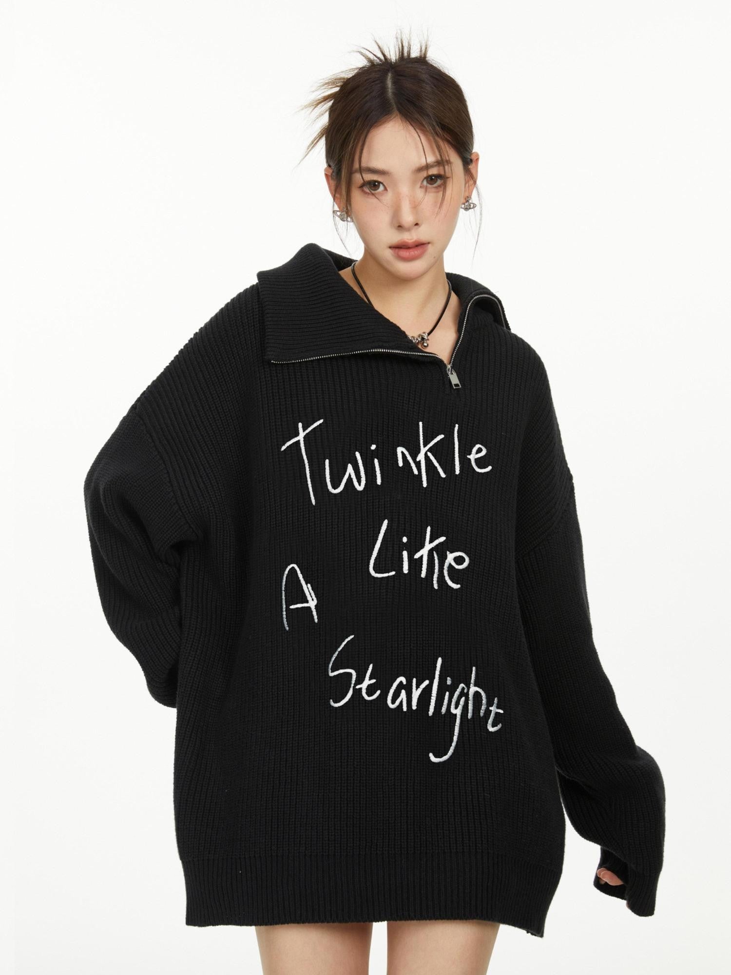 Hypoekai Oversized Embroidered Zipper Women's Knitted Turtleneck Sweaters