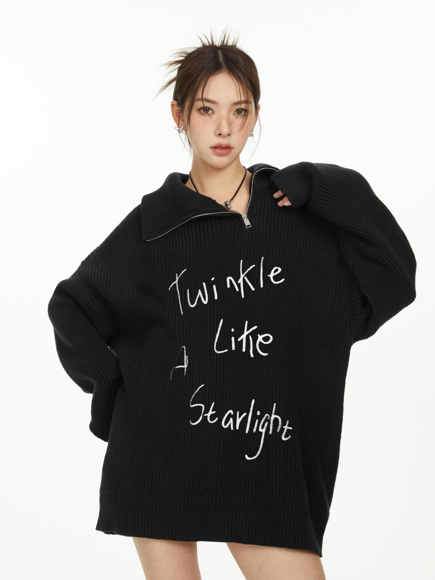 Hypoekai Oversized Embroidered Zipper Women's Knitted Turtleneck Sweaters