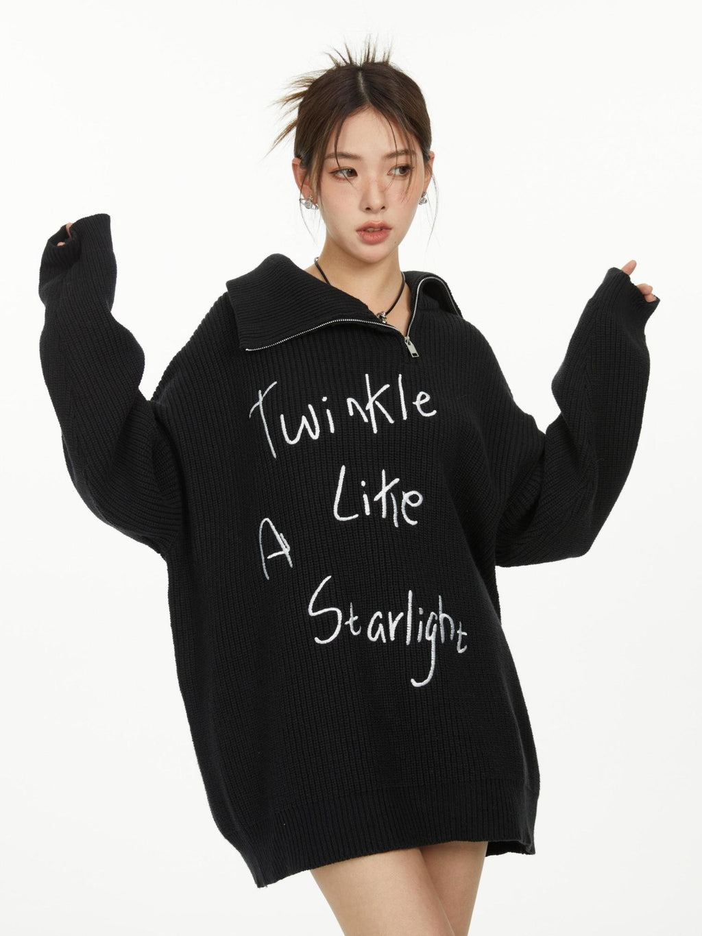Hypoekai Oversized Embroidered Zipper Women's Knitted Turtleneck Sweaters