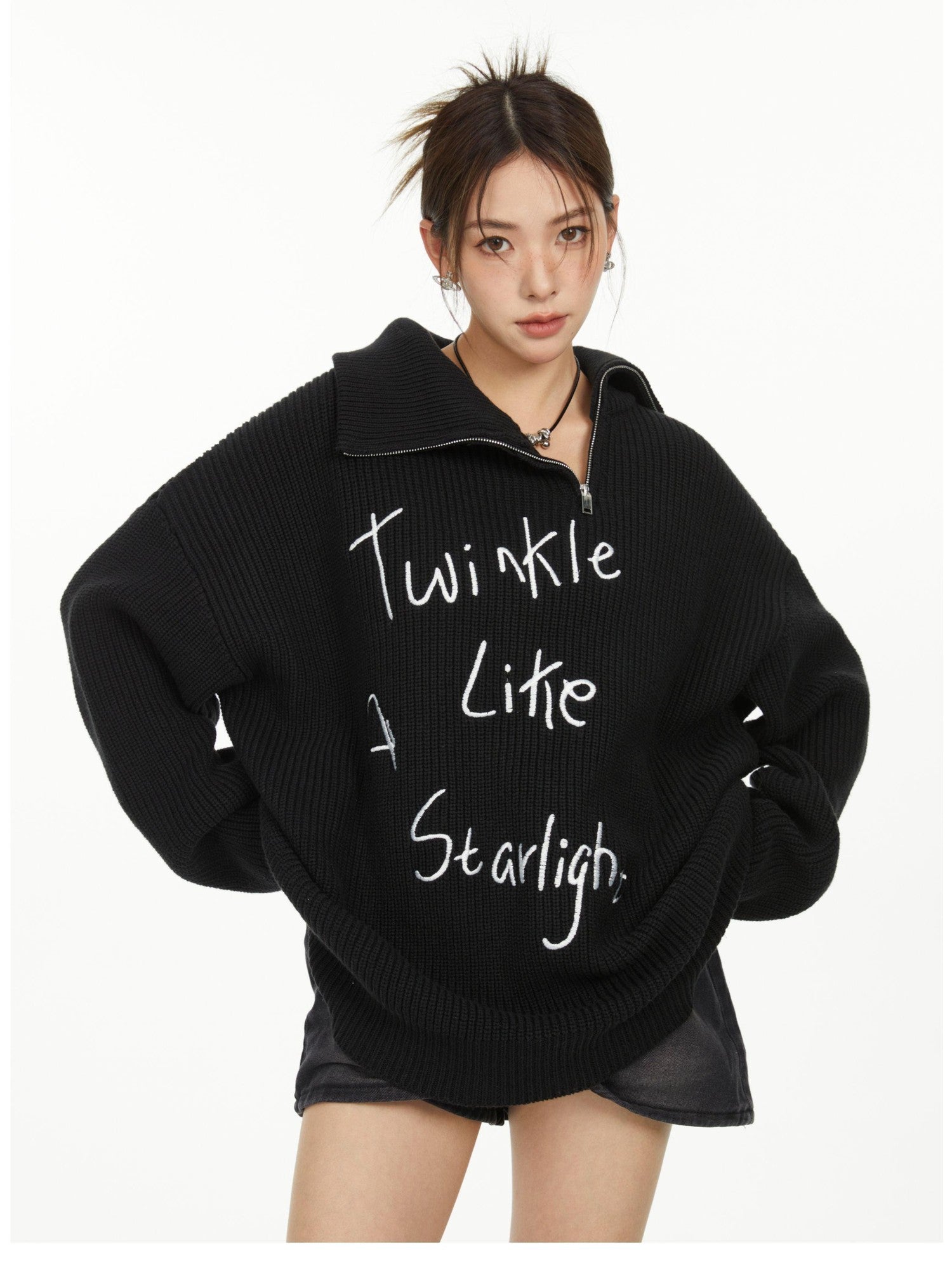 Hypoekai Oversized Embroidered Zipper Women's Knitted Turtleneck Sweaters