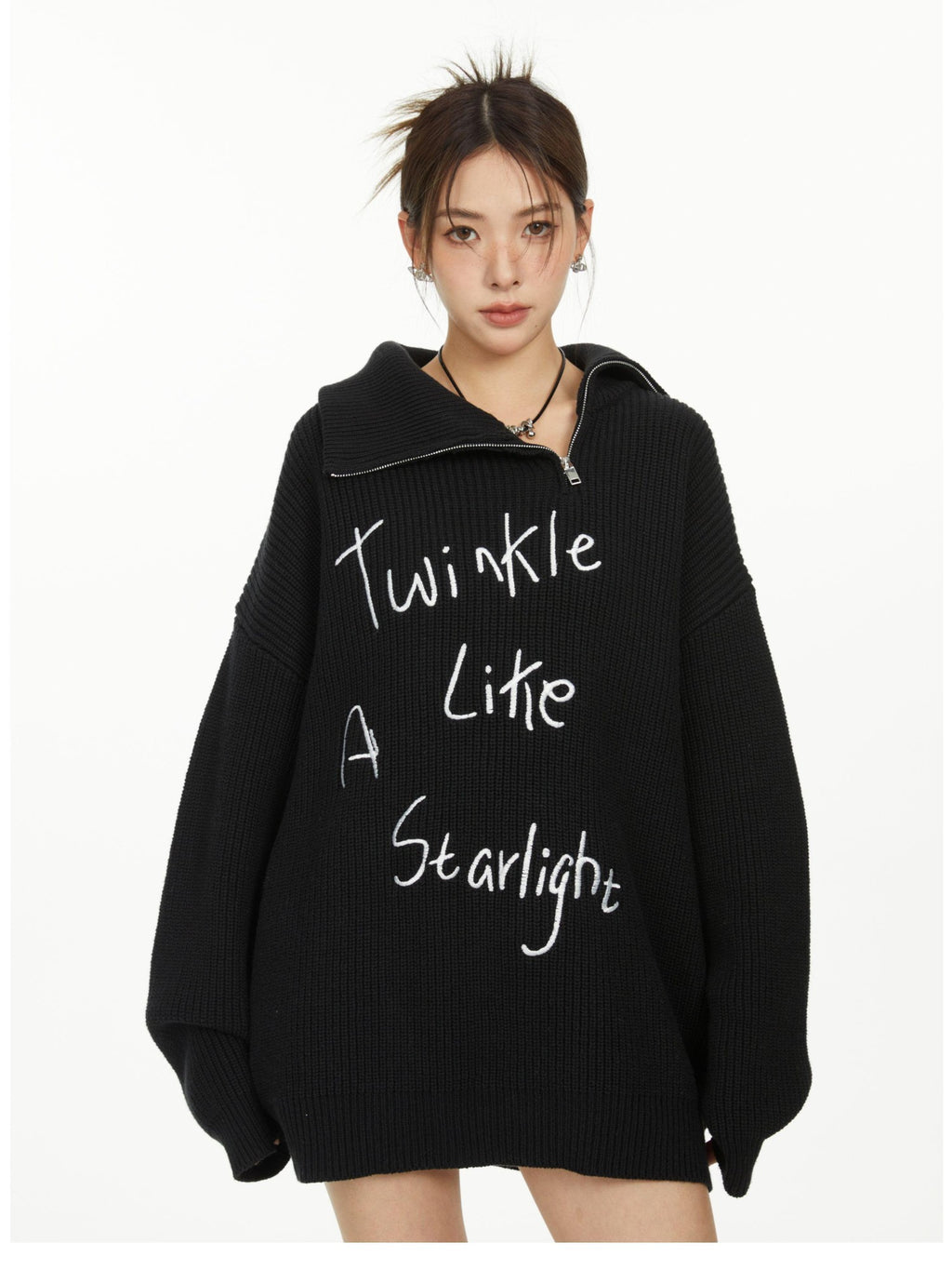Hypoekai Oversized Embroidered Zipper Women's Knitted Turtleneck Sweaters