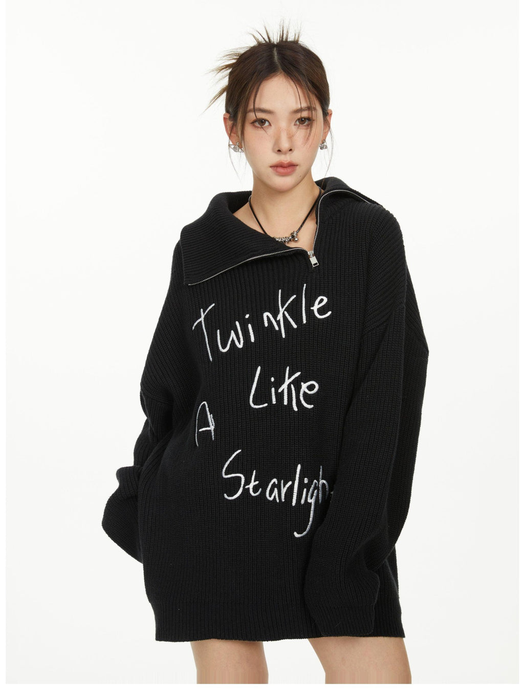 Hypoekai Oversized Embroidered Zipper Women's Knitted Turtleneck Sweaters
