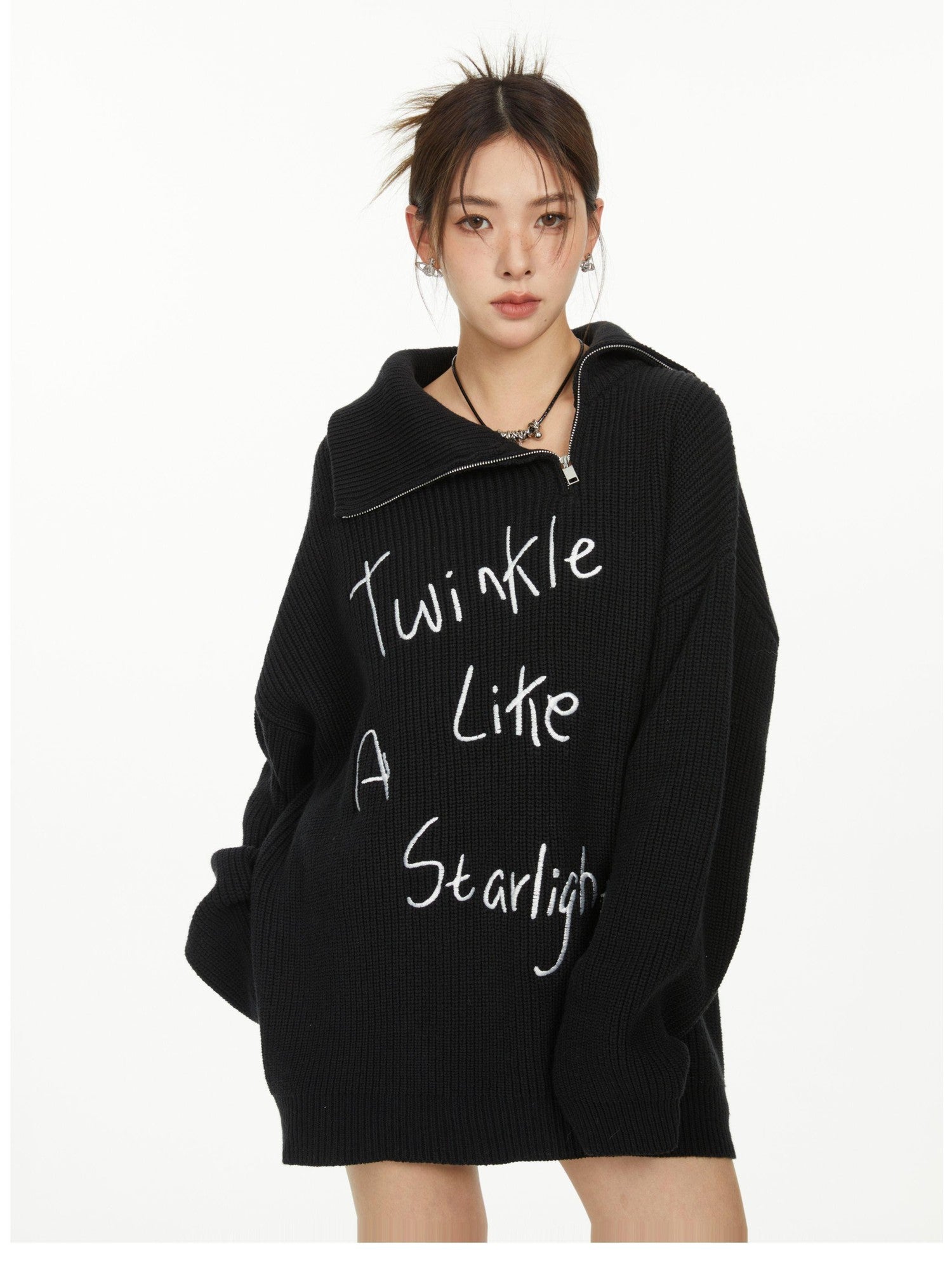 Hypoekai Oversized Embroidered Zipper Women's Knitted Turtleneck Sweaters
