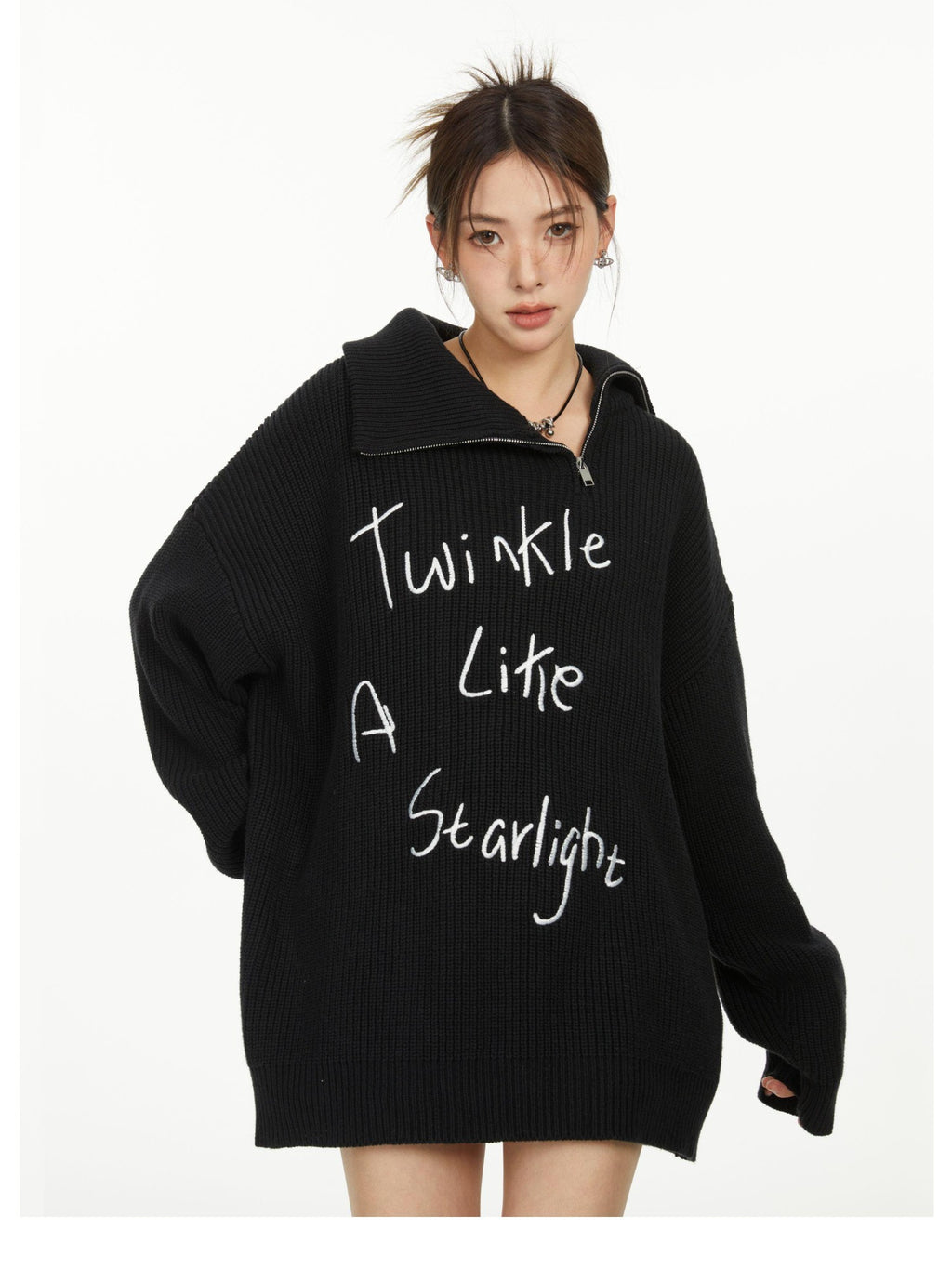 Hypoekai Oversized Embroidered Zipper Women's Knitted Turtleneck Sweaters