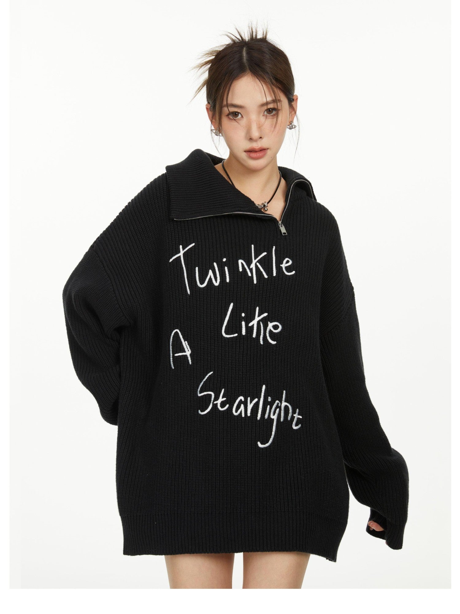 Hypoekai Oversized Embroidered Zipper Women's Knitted Turtleneck Sweaters