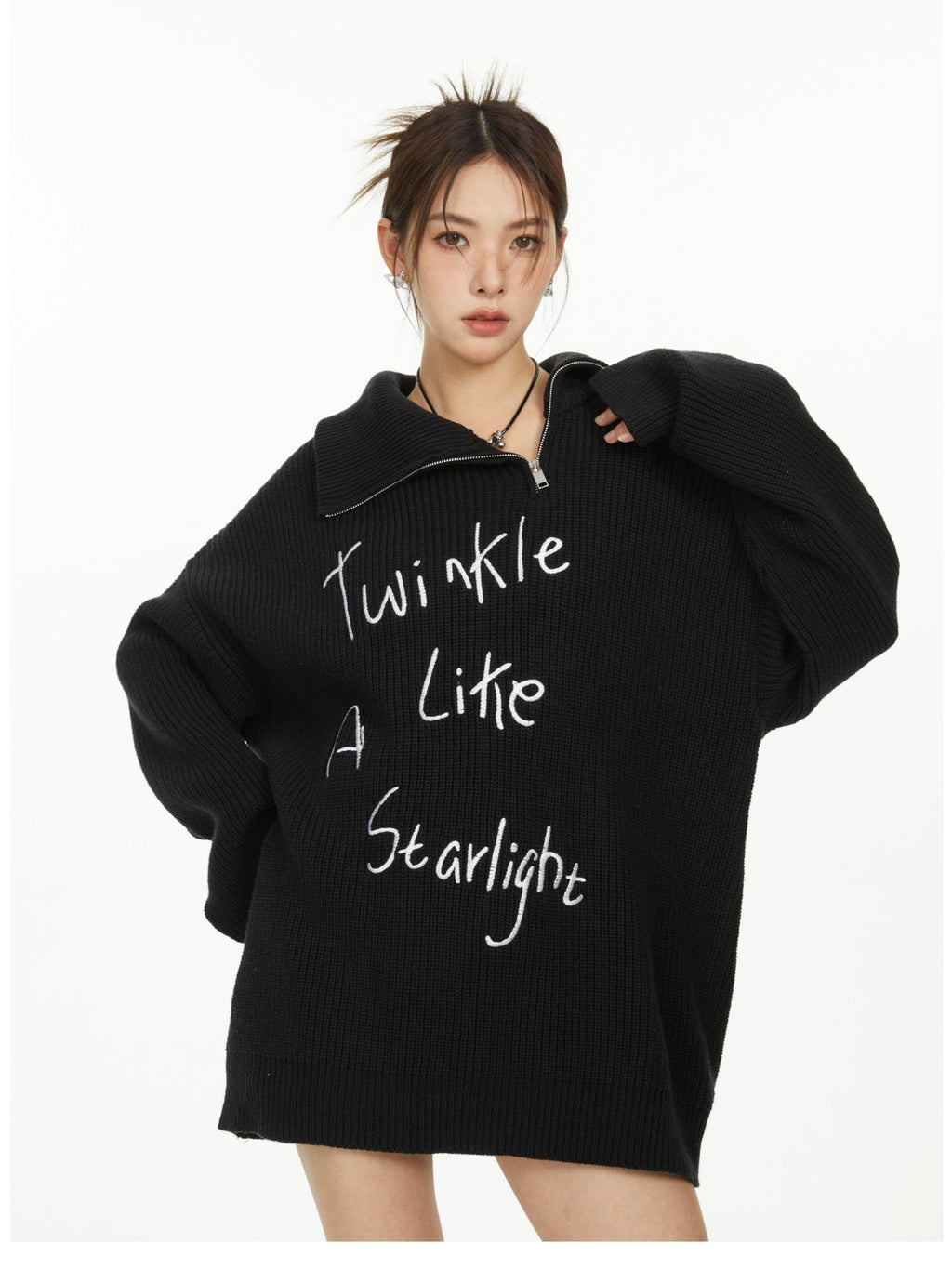 Hypoekai Oversized Embroidered Zipper Women's Knitted Turtleneck Sweaters