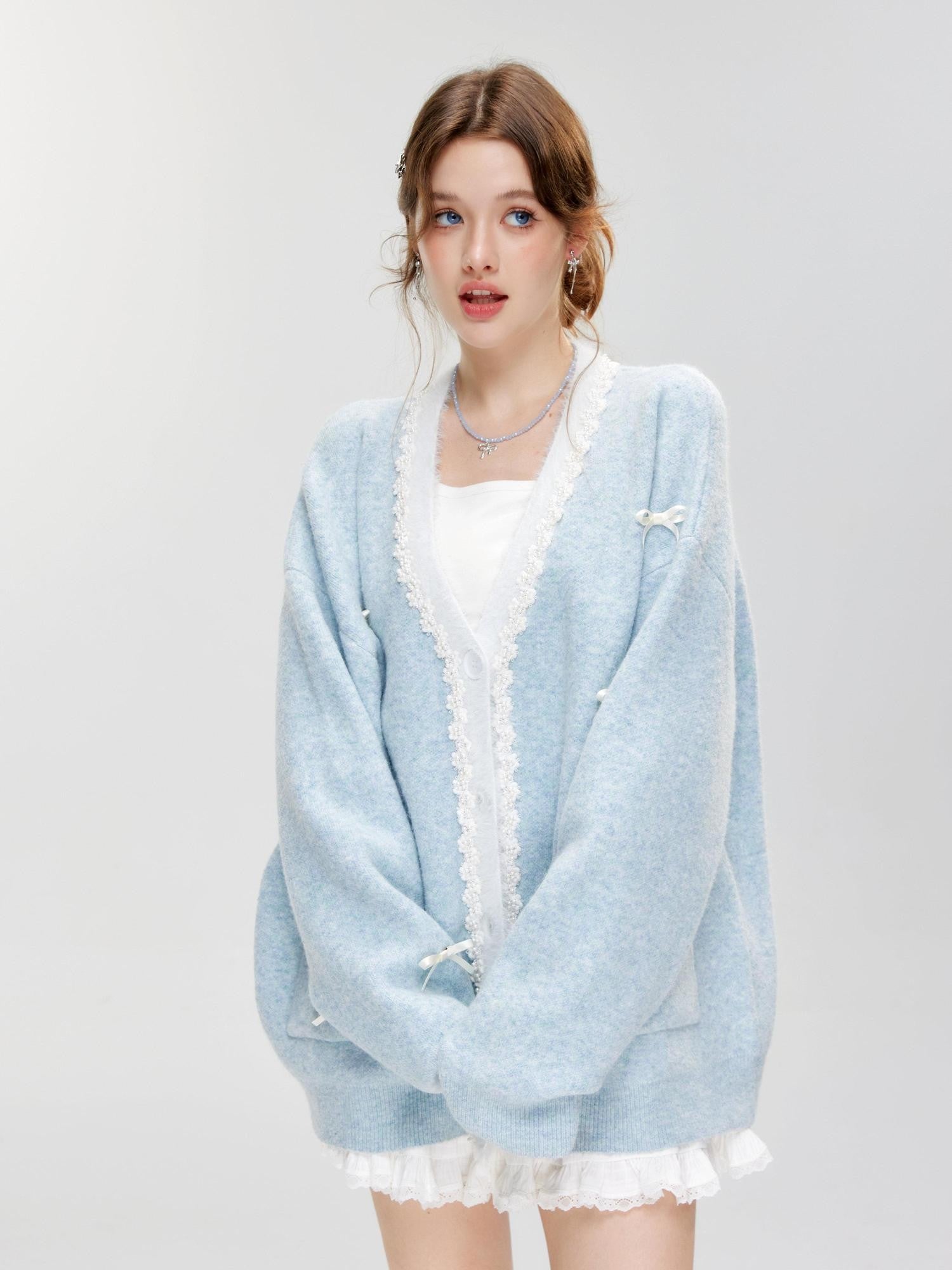 Hypoekai Pearl Bow Embellished Loose Casual Oversized Women's Knit Cardigans