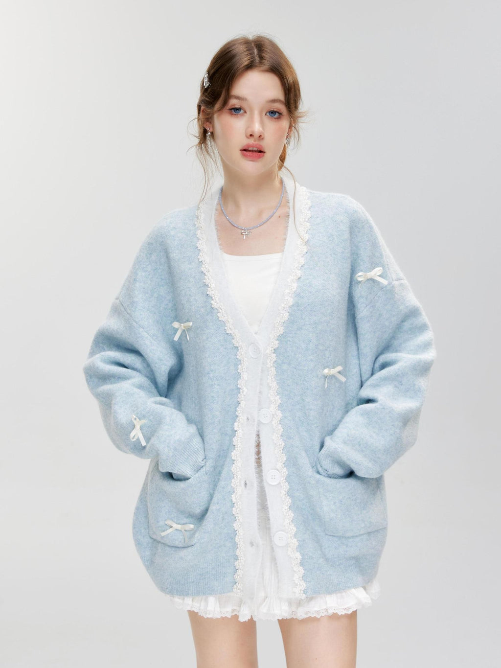 Hypoekai Pearl Bow Embellished Loose Casual Oversized Women's Knit Cardigans
