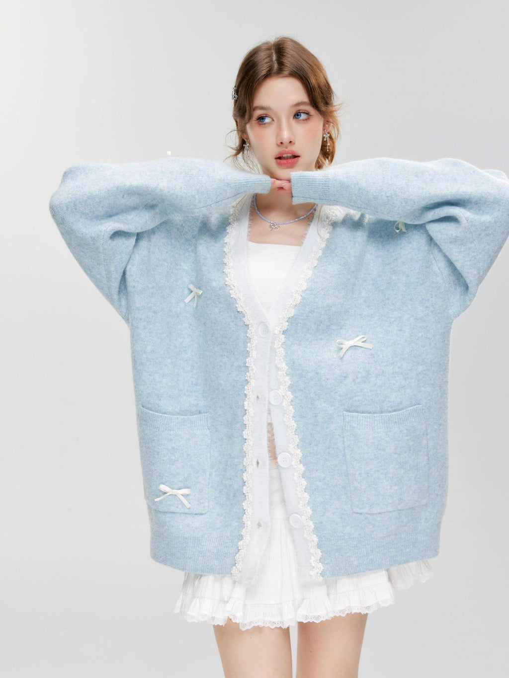 Hypoekai Pearl Bow Embellished Loose Casual Oversized Women's Knit Cardigans