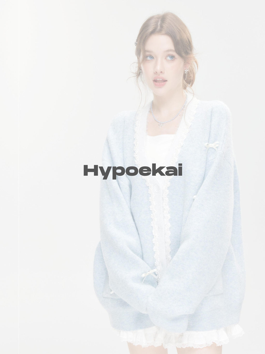 Hypoekai Pearl Bow Embellished Loose Casual Oversized Women's Knit Cardigans