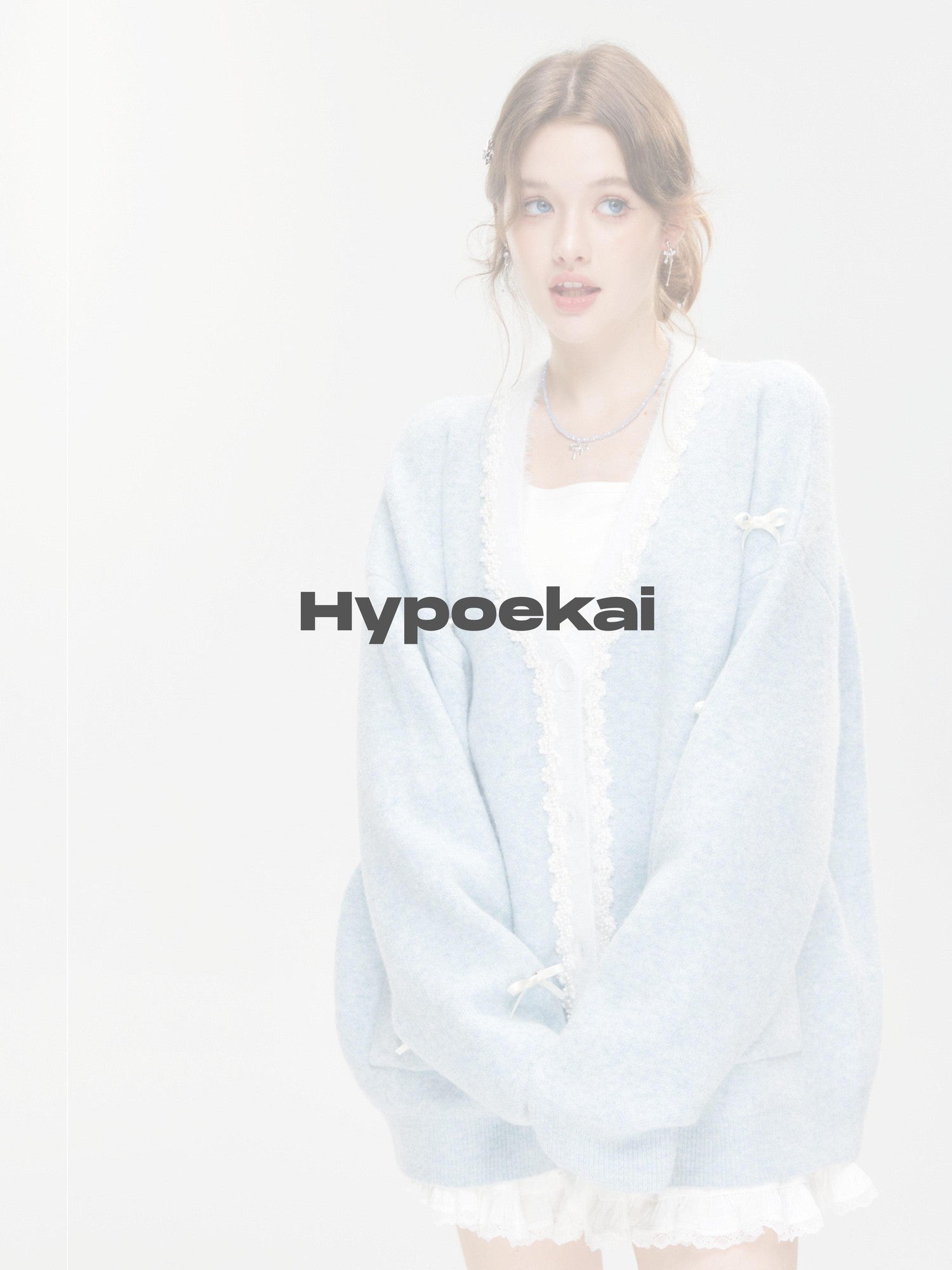 Hypoekai Pearl Bow Embellished Loose Casual Oversized Women's Knit Cardigans