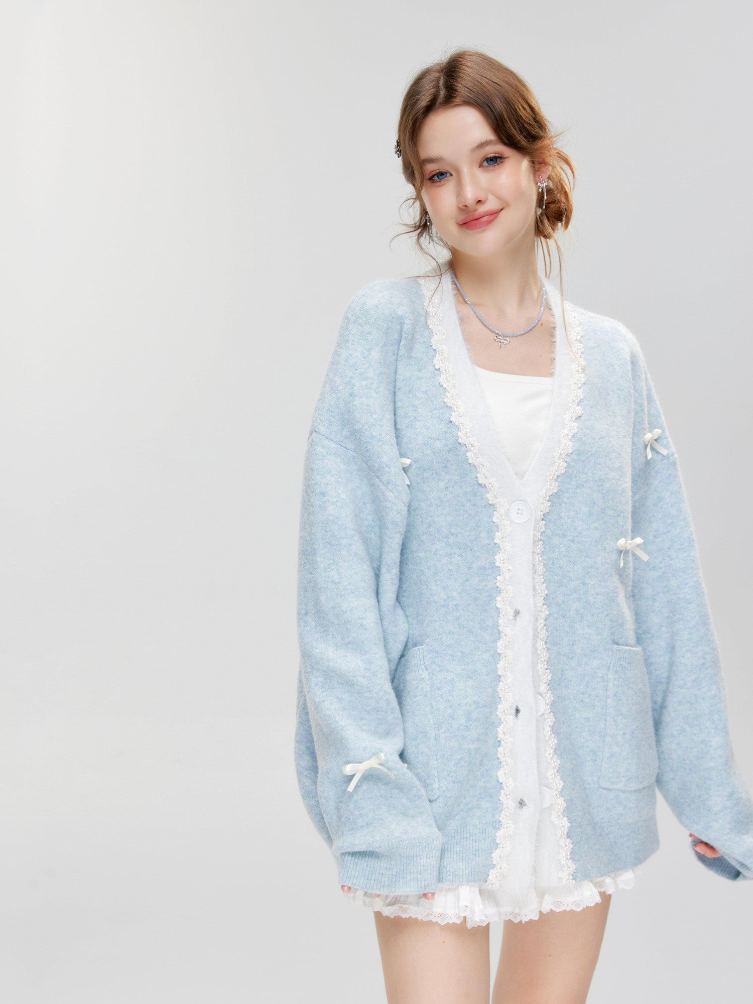 Hypoekai Pearl Bow Embellished Loose Casual Oversized Women's Knit Cardigans