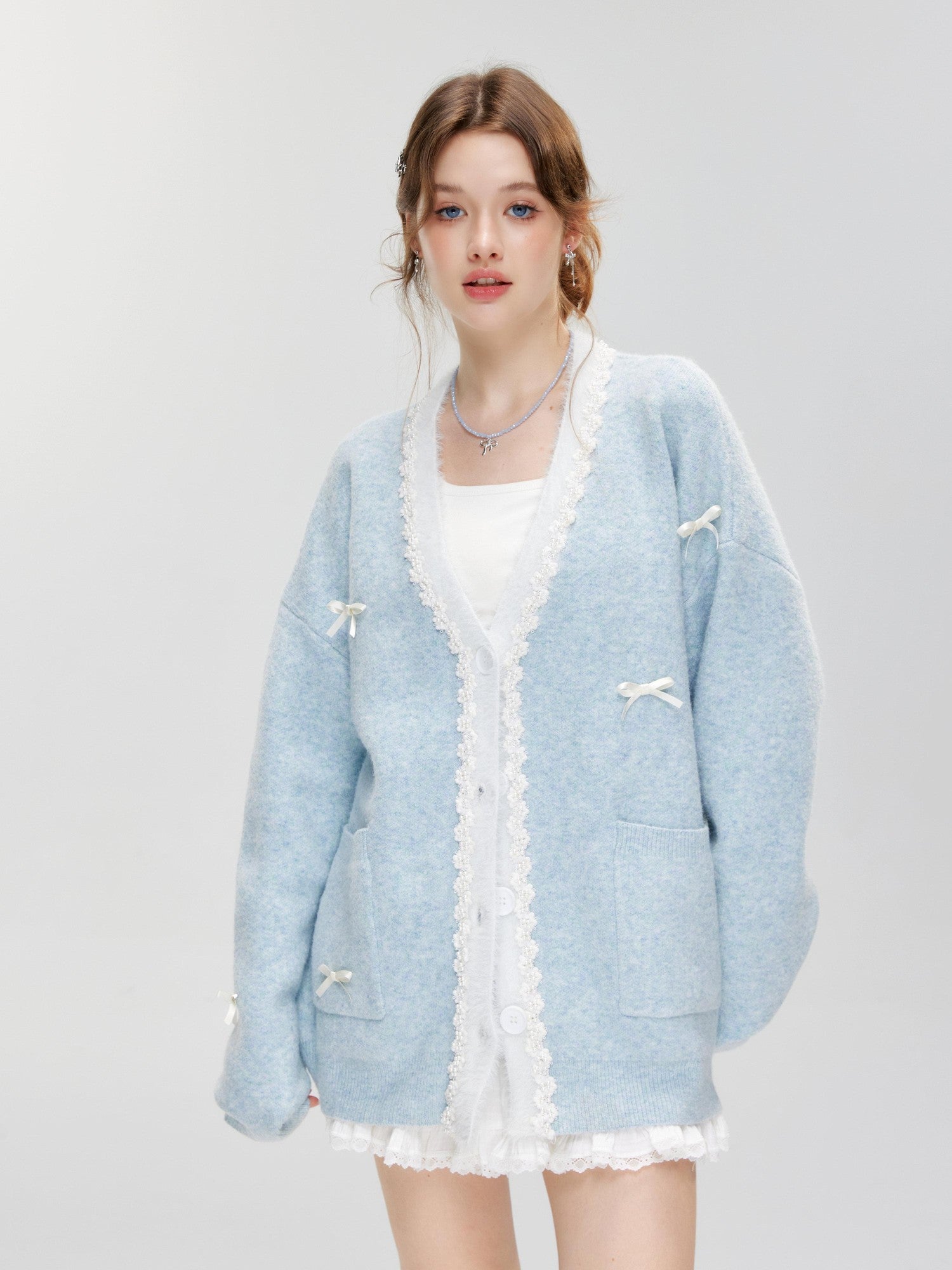 Hypoekai Pearl Bow Embellished Loose Casual Oversized Women's Knit Cardigans