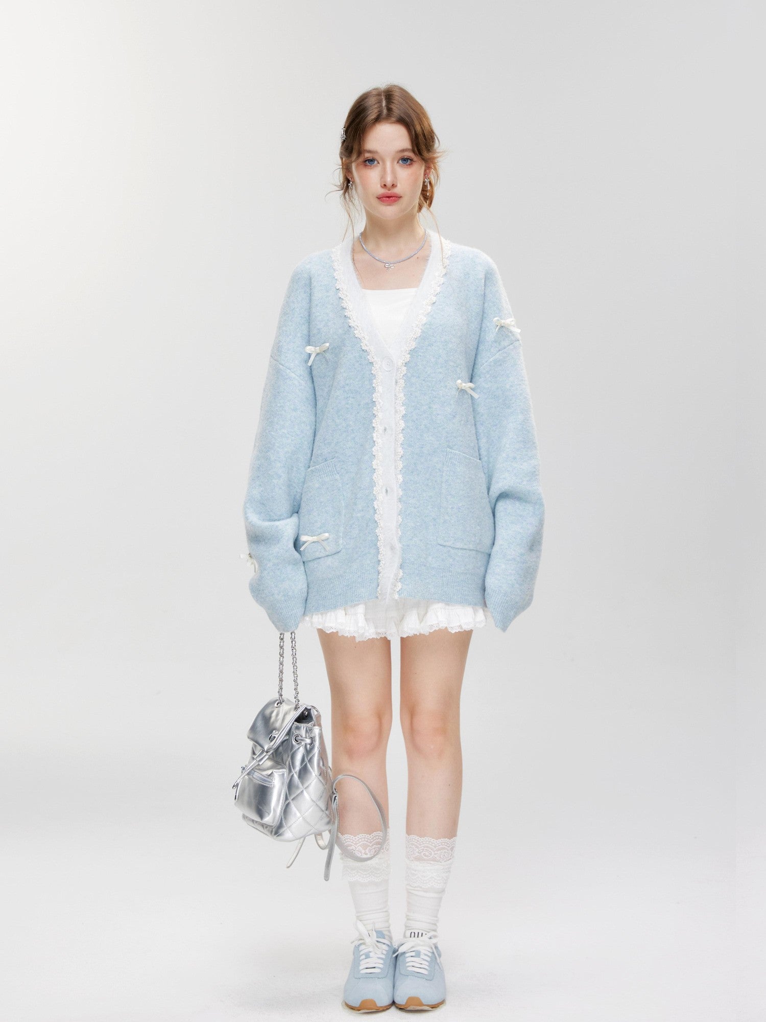 Hypoekai Pearl Bow Embellished Loose Casual Oversized Women's Knit Cardigans