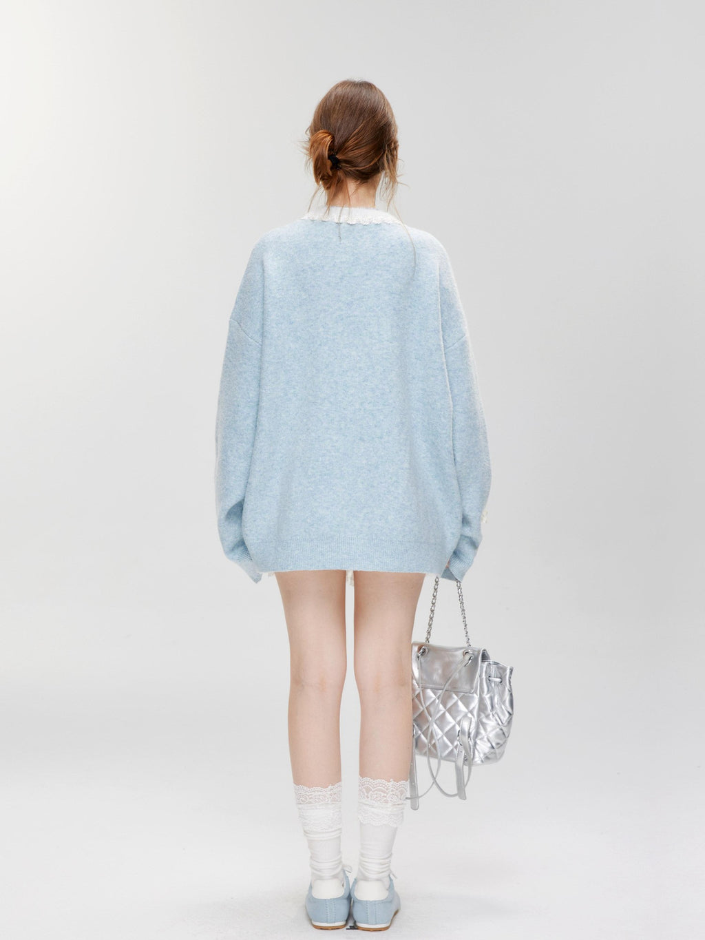 Hypoekai Pearl Bow Embellished Loose Casual Oversized Women's Knit Cardigans