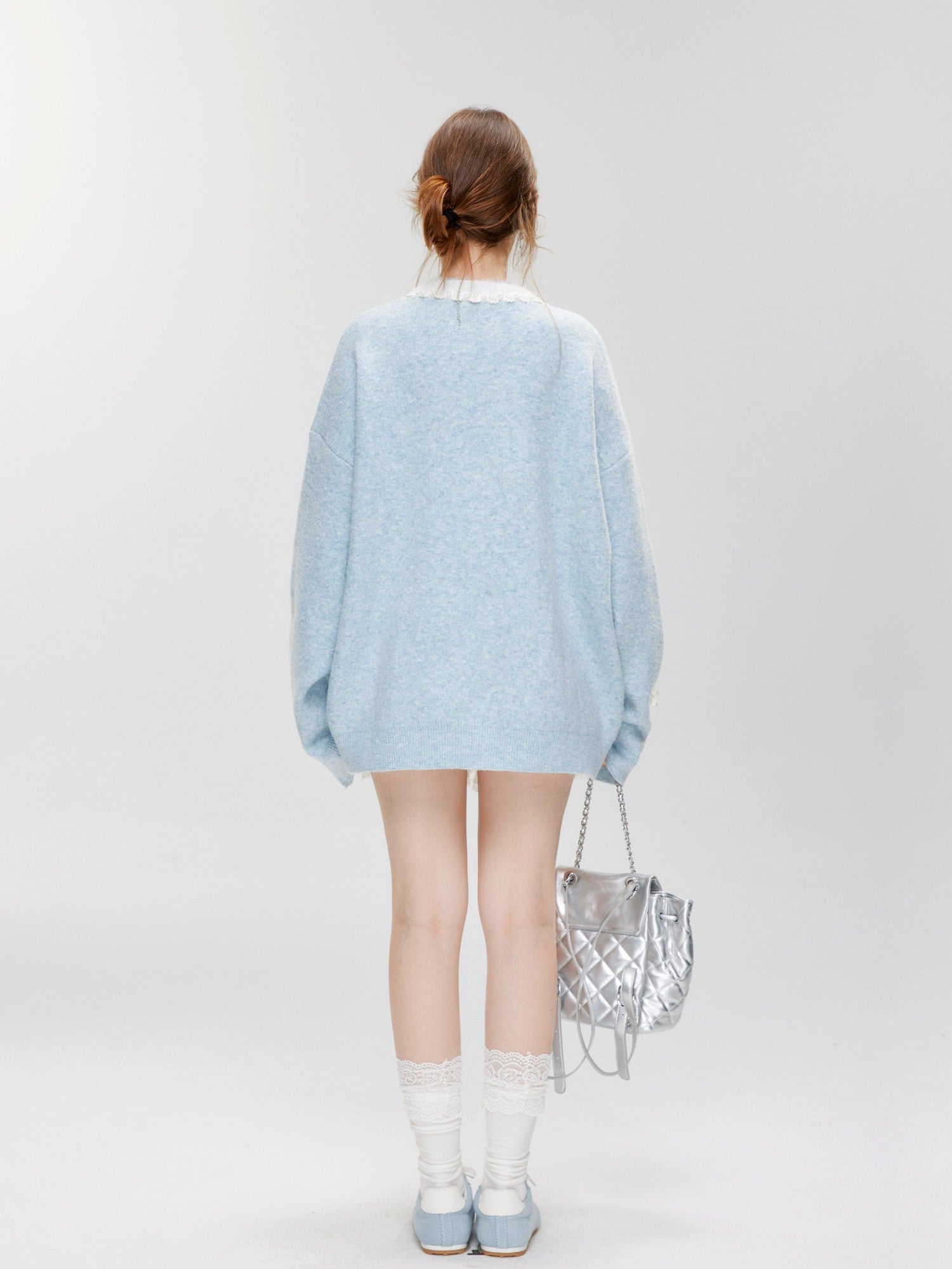 Hypoekai Pearl Bow Embellished Loose Casual Oversized Women's Knit Cardigans