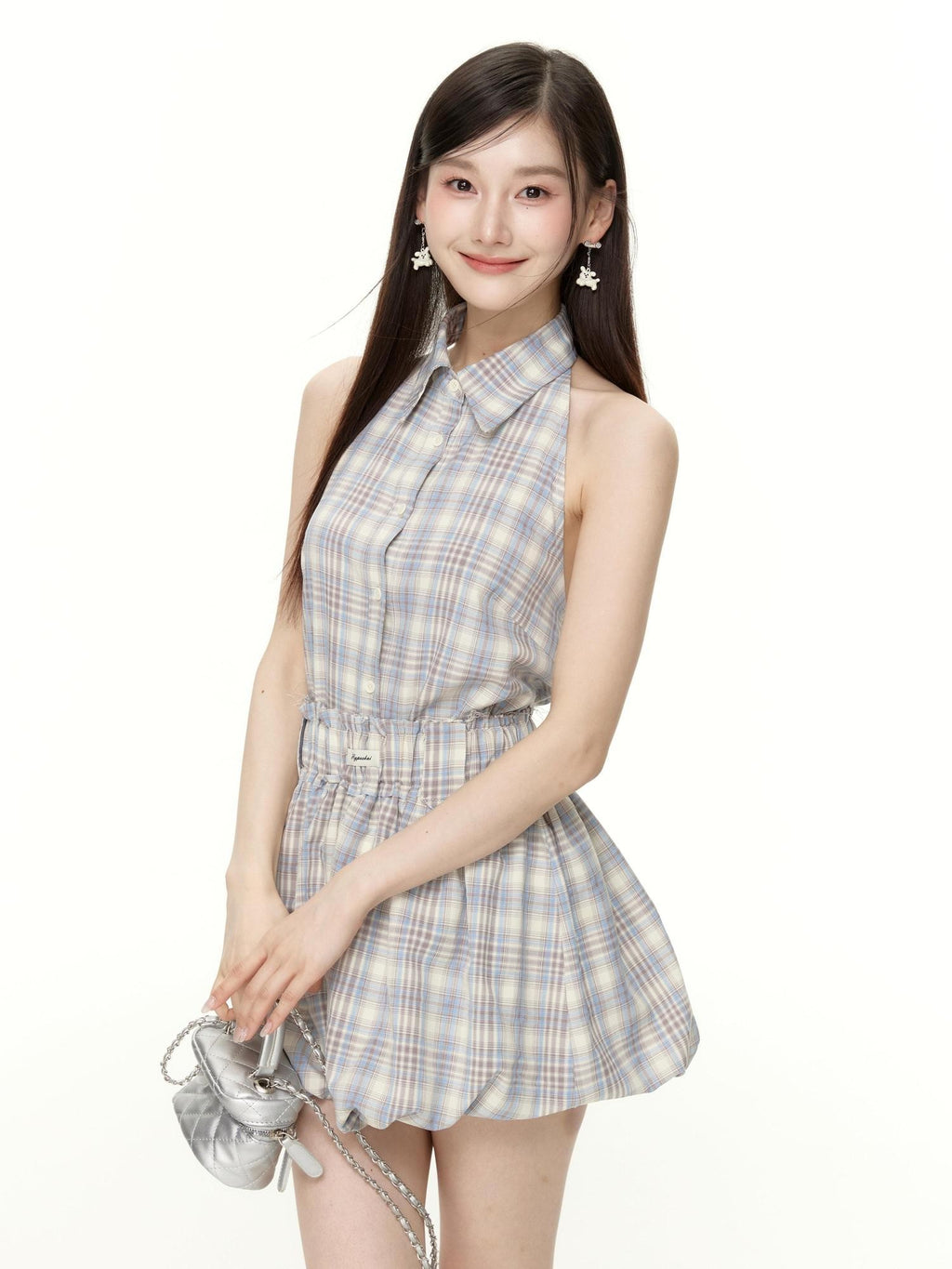 Hypoekai Plaid Sleeveless Halter Collared Cropped Loose Women's Matching Skirt Sets
