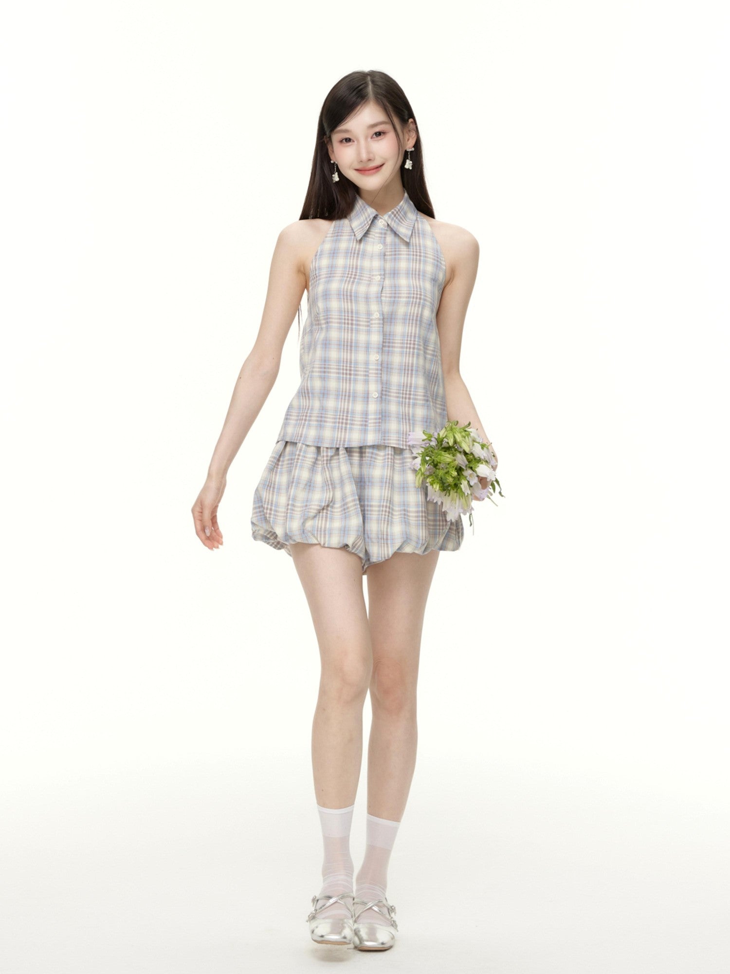 Hypoekai Plaid Sleeveless Halter Collared Cropped Loose Women's Matching Skirt Sets