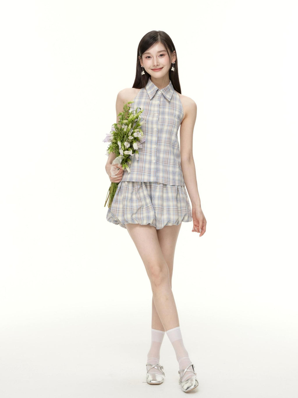 Hypoekai Plaid Sleeveless Halter Collared Cropped Loose Women's Matching Skirt Sets