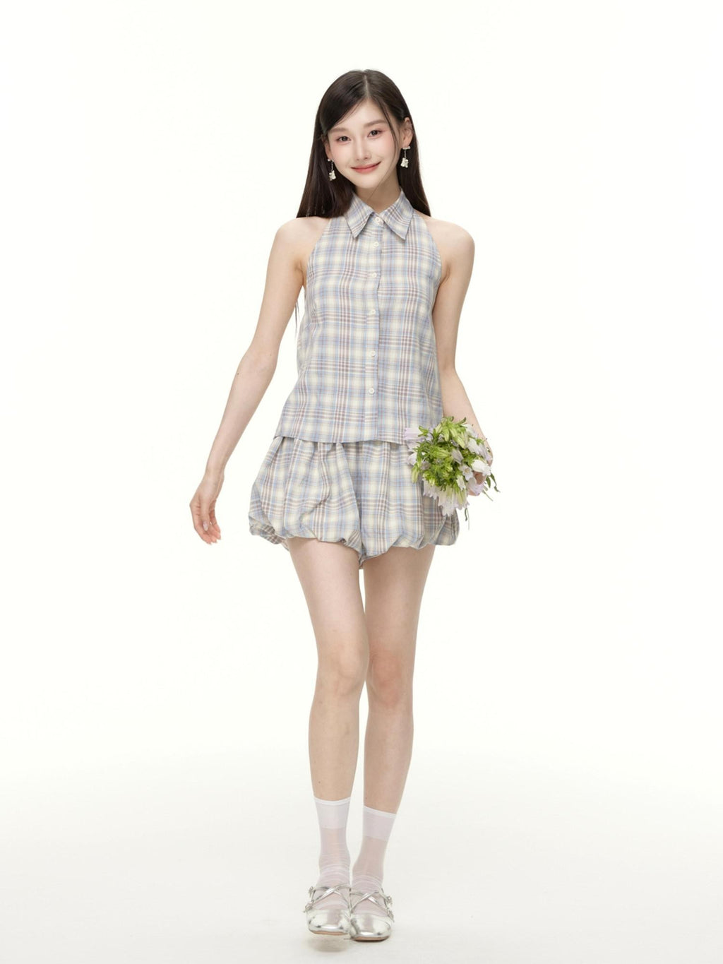 Hypoekai Plaid Sleeveless Halter Collared Cropped Loose Women's Matching Skirt Sets