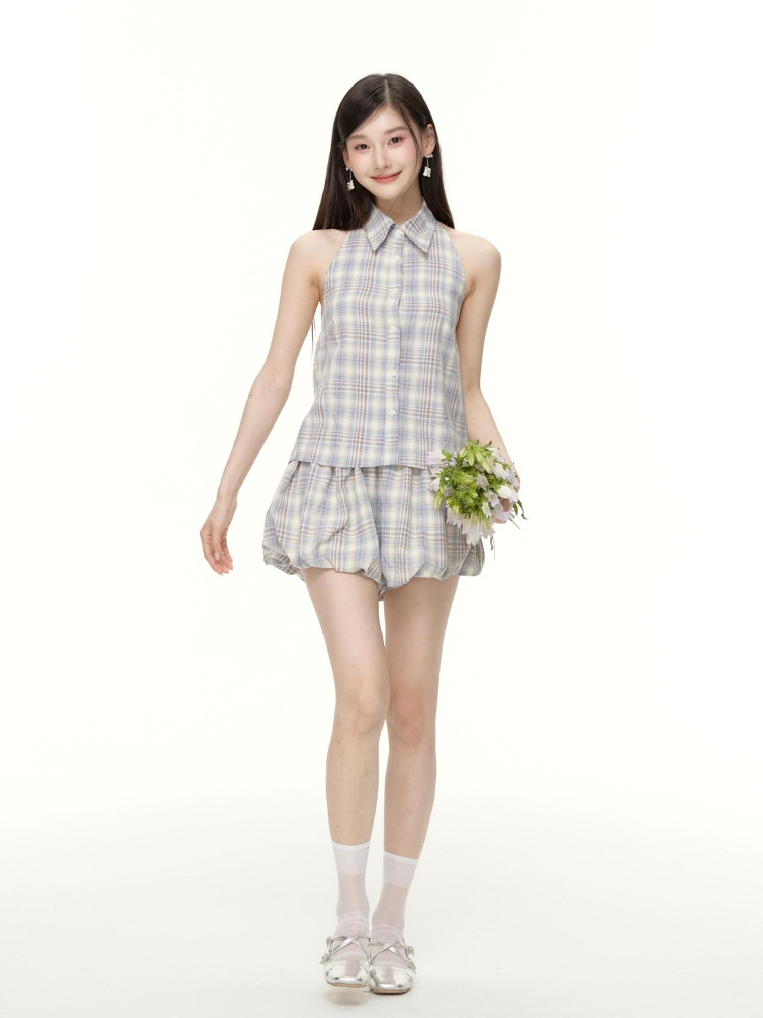 Hypoekai Plaid Sleeveless Halter Collared Cropped Loose Women's Matching Skirt Sets
