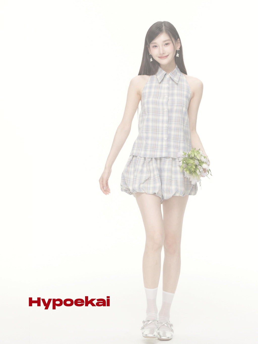 Hypoekai Plaid Sleeveless Halter Collared Cropped Loose Women's Matching Skirt Sets