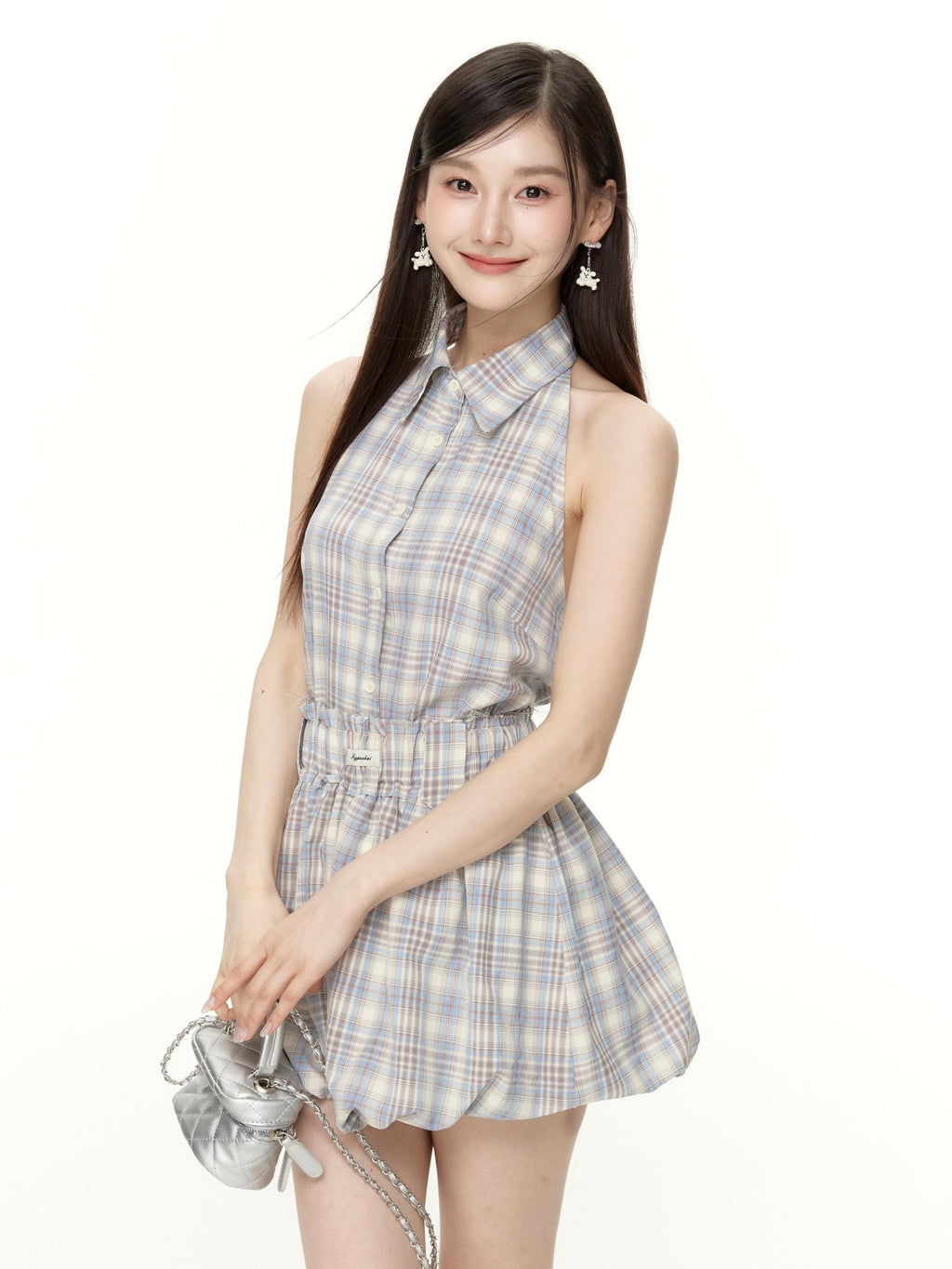 Hypoekai Plaid Sleeveless Halter Collared Cropped Loose Women's Matching Skirt Sets