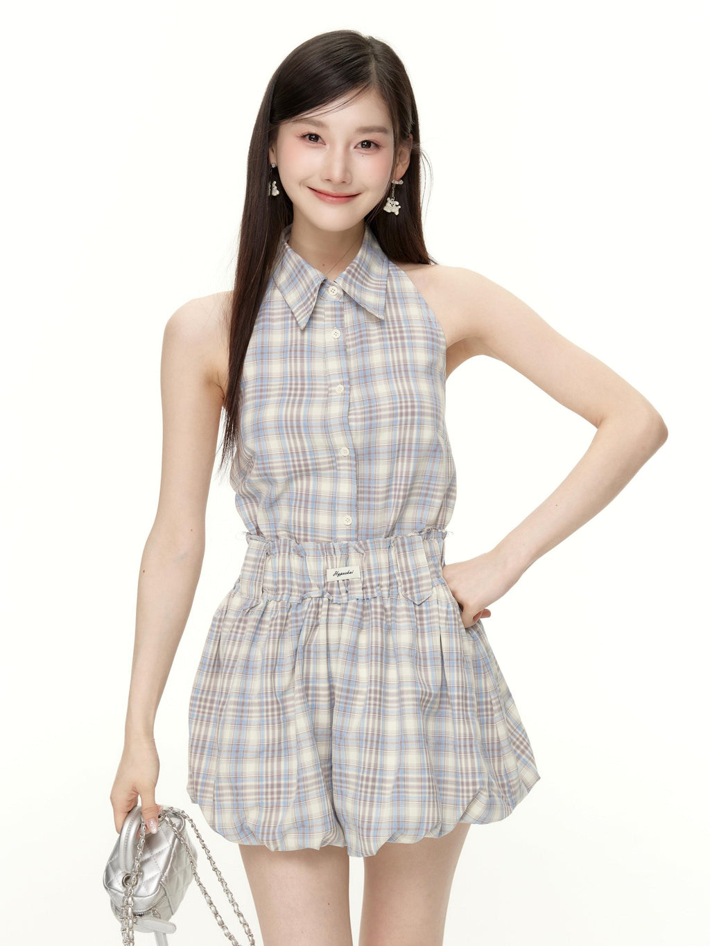 Hypoekai Plaid Sleeveless Halter Collared Cropped Loose Women's Matching Skirt Sets