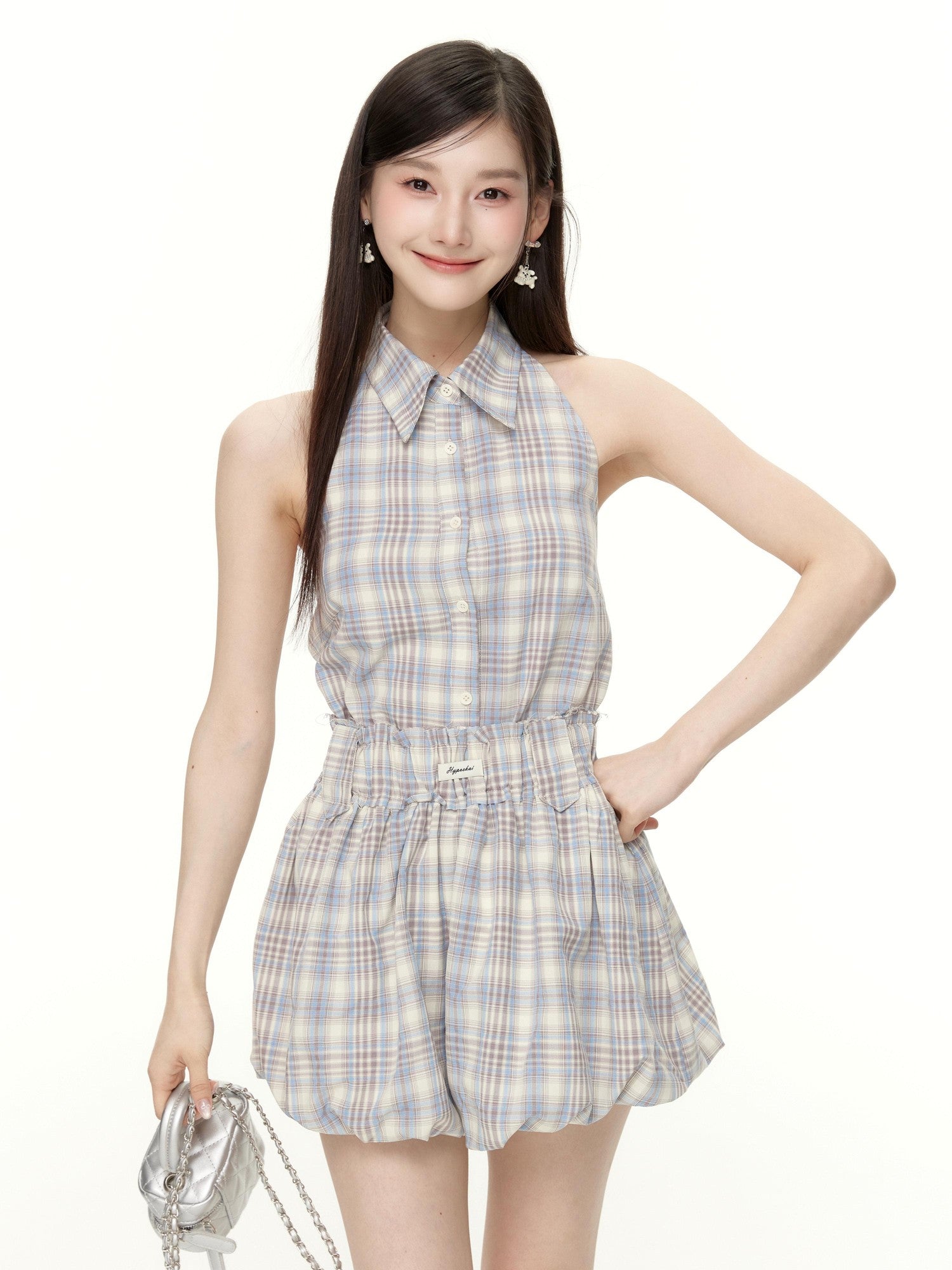 Hypoekai Plaid Sleeveless Halter Collared Cropped Loose Women's Matching Skirt Sets