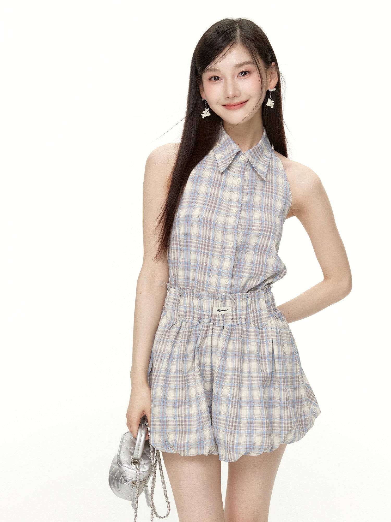 Hypoekai Plaid Sleeveless Halter Collared Cropped Loose Women's Matching Skirt Sets