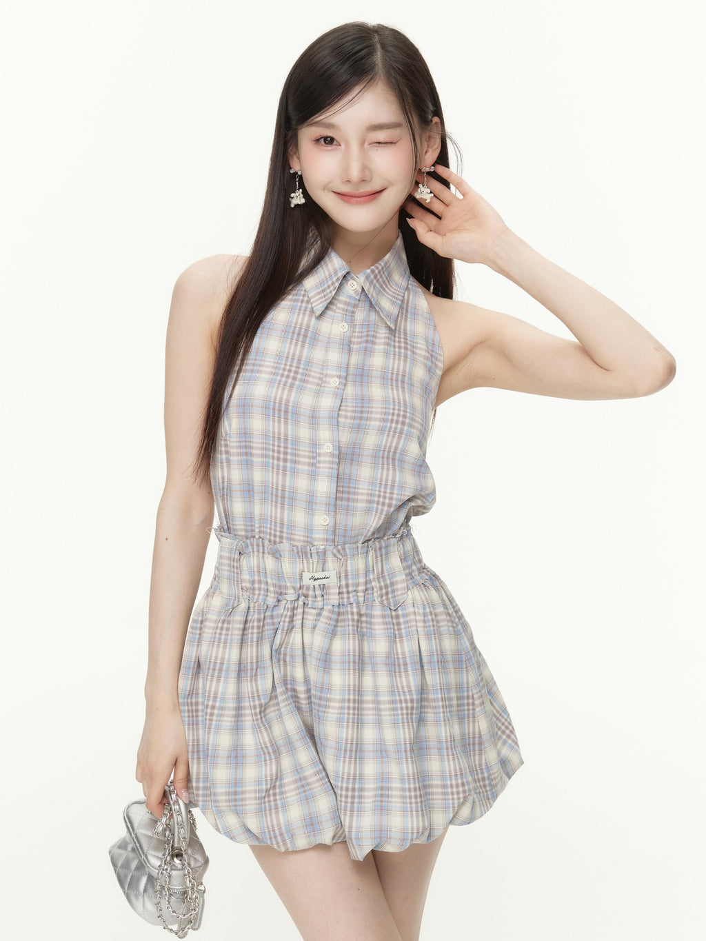Hypoekai Plaid Sleeveless Halter Collared Cropped Loose Women's Matching Skirt Sets