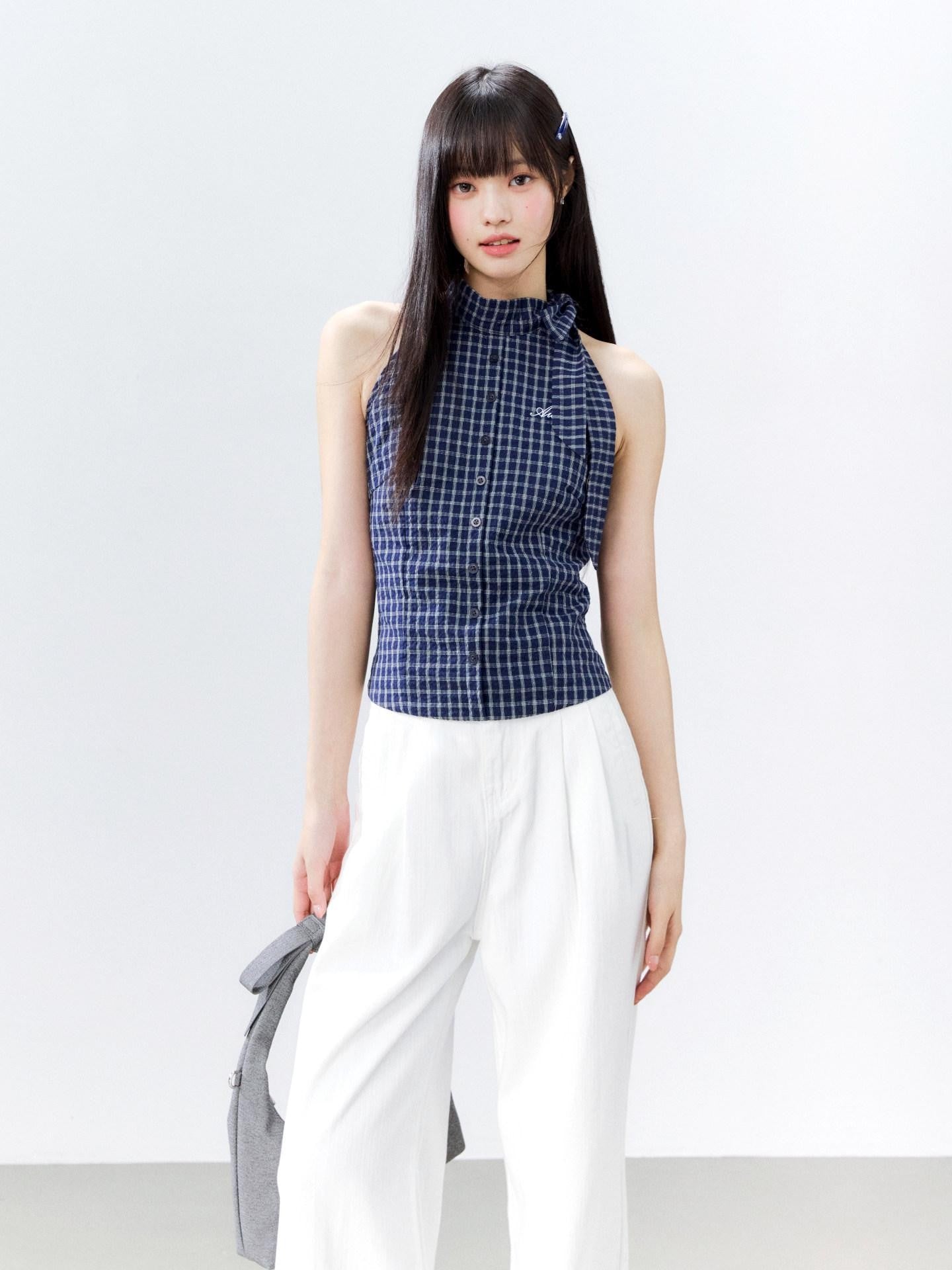 Hypoekai Plaid Tie Halter Neck Fitted Sleeveless Shirt Women's Halter Tops