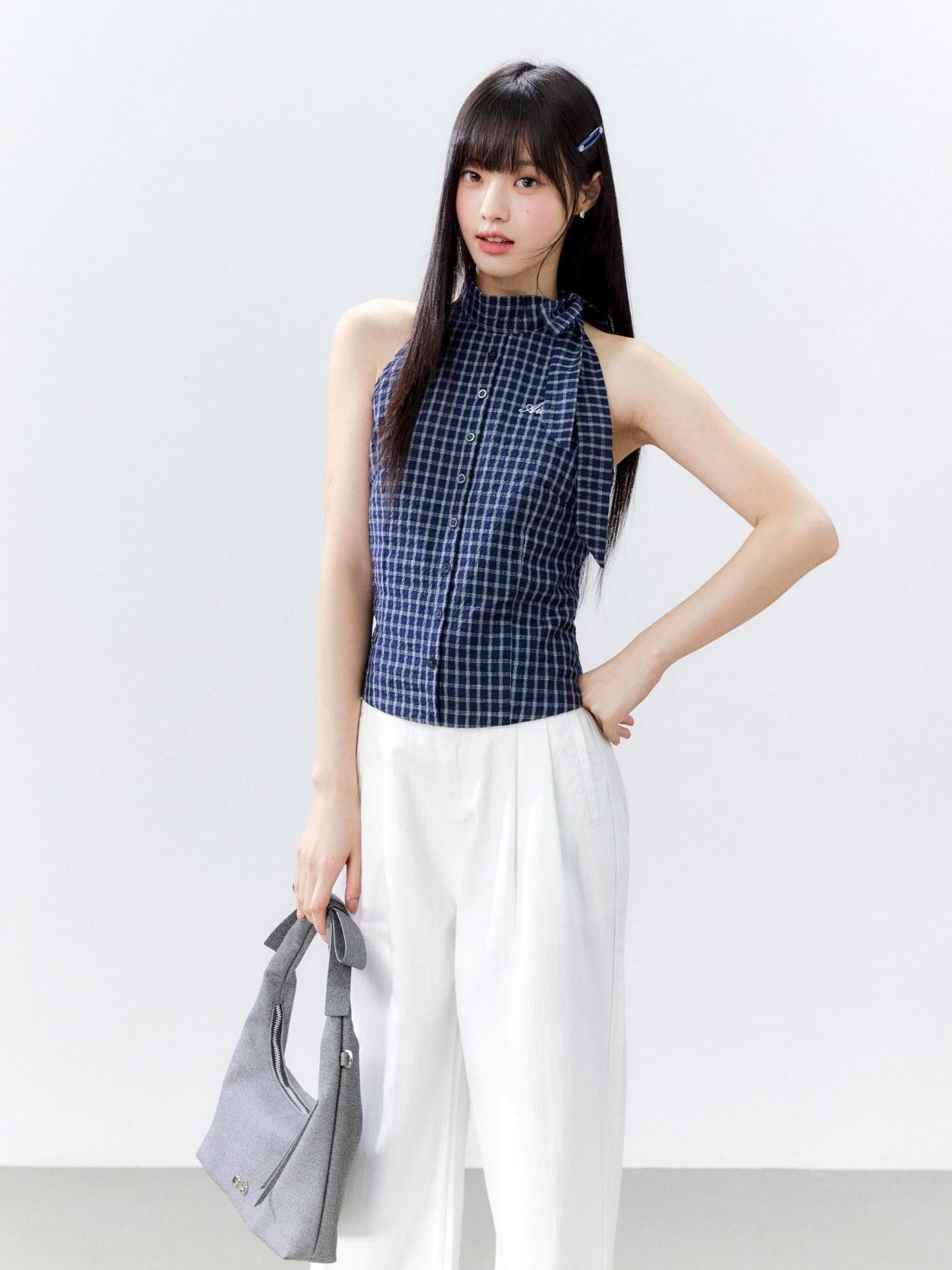 Hypoekai Plaid Tie Halter Neck Fitted Sleeveless Shirt Women's Halter Tops