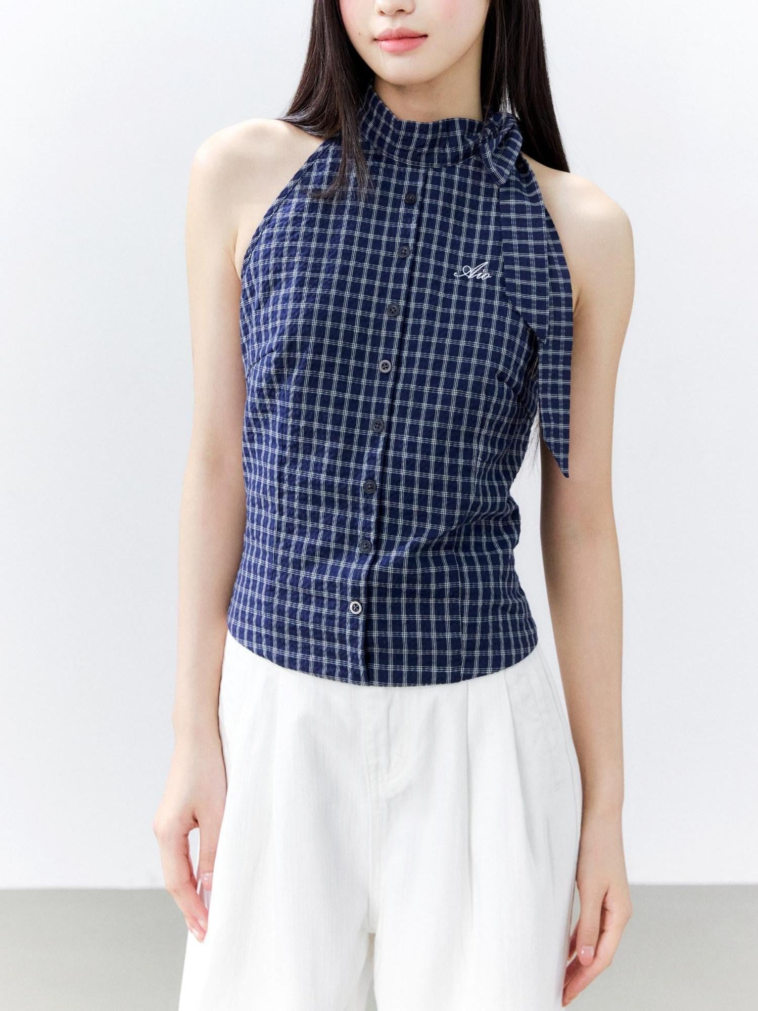 Hypoekai Plaid Tie Halter Neck Fitted Sleeveless Shirt Women's Halter Tops