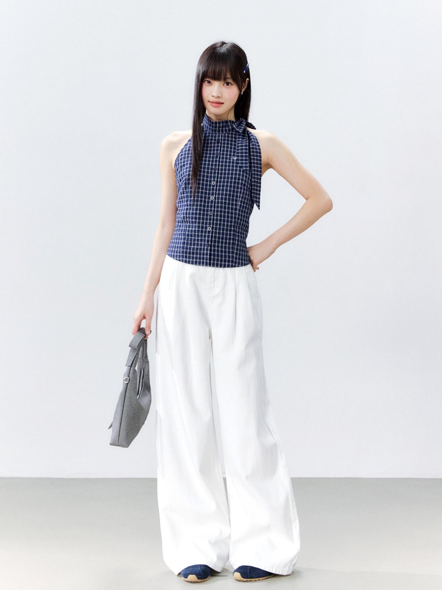 Hypoekai Plaid Tie Halter Neck Fitted Sleeveless Shirt Women's Halter Tops