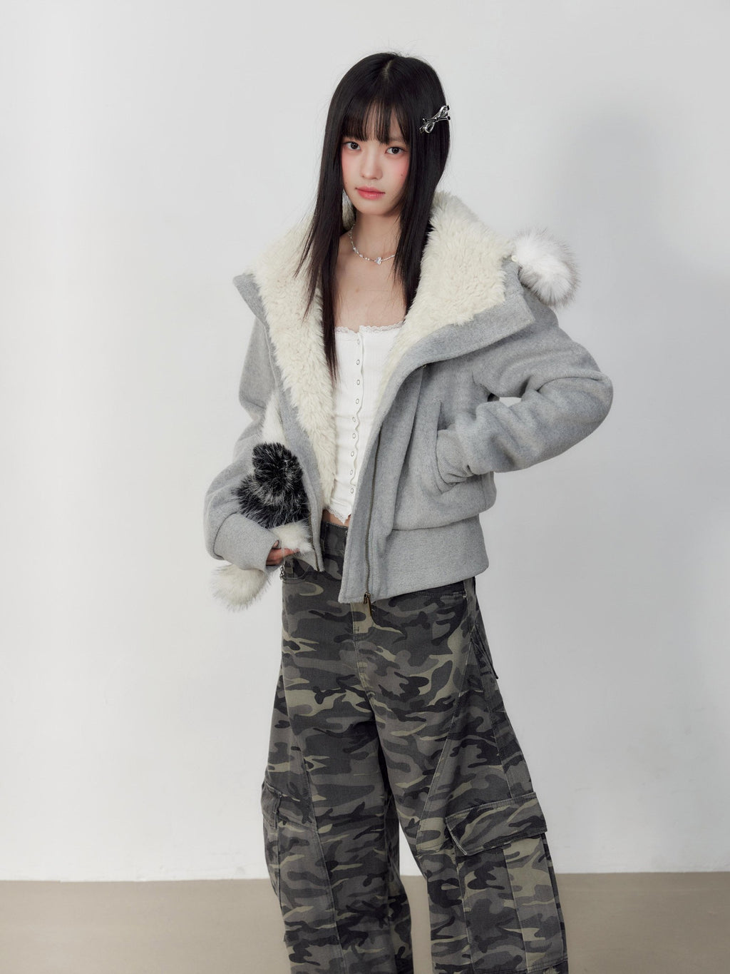 Hypoekai Plush Lined Hooded Fur Collar Women's Wool Tweed Puffer Jackets