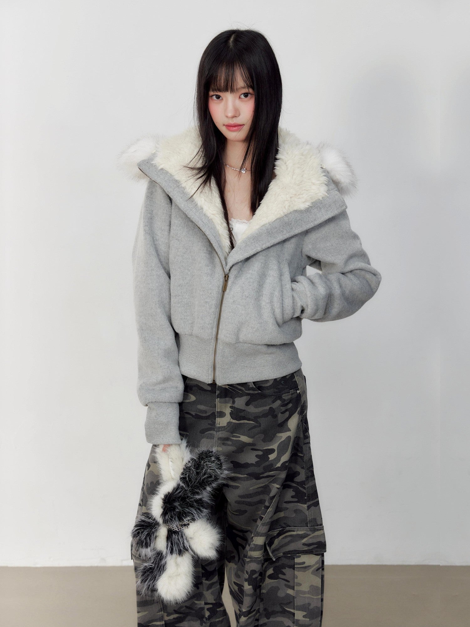 Hypoekai Plush Lined Hooded Fur Collar Women's Wool Tweed Puffer Jackets