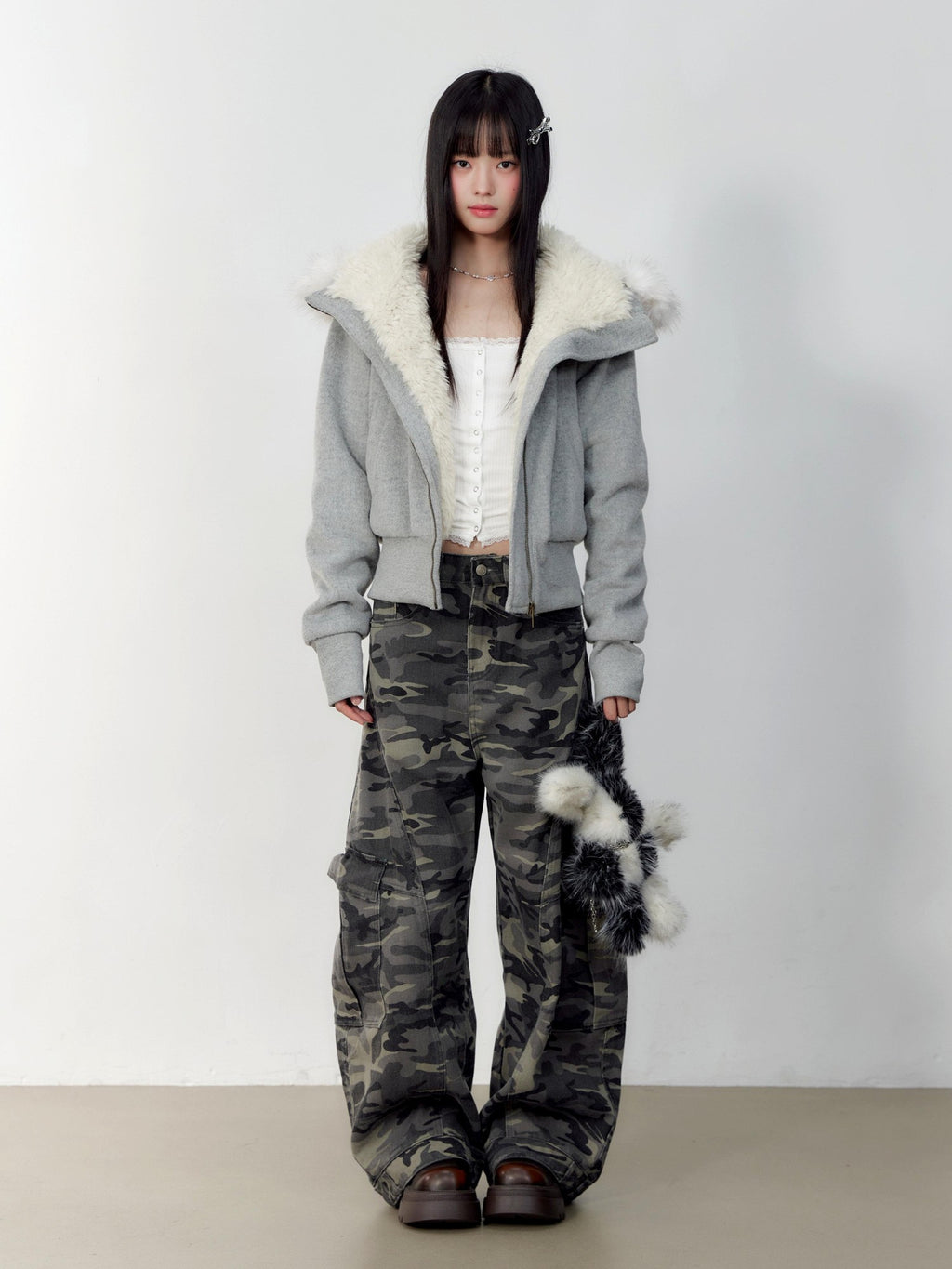 Hypoekai Plush Lined Hooded Fur Collar Women's Wool Tweed Puffer Jackets