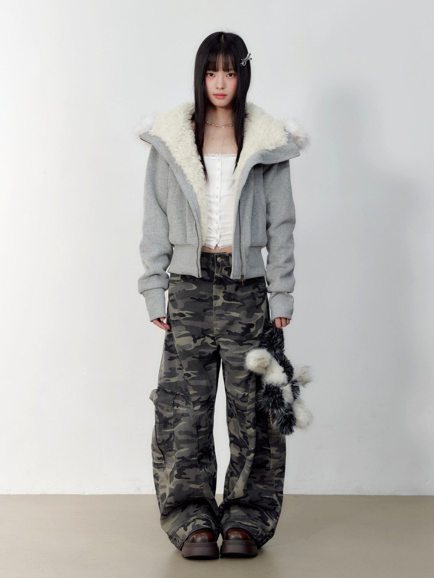 Hypoekai Plush Lined Hooded Fur Collar Women's Wool Tweed Puffer Jackets