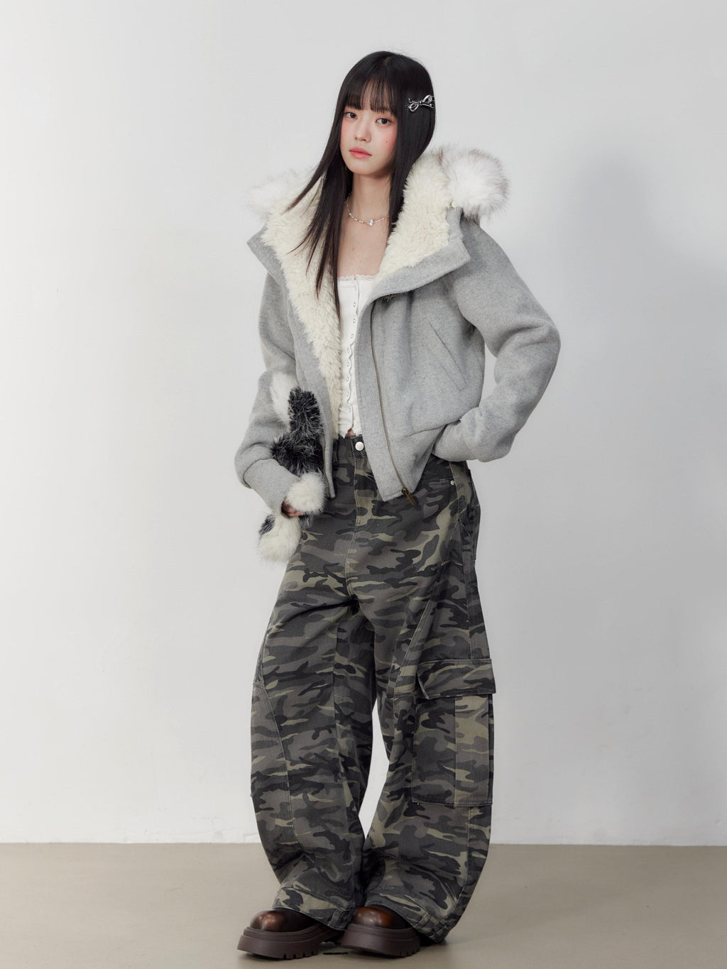 Hypoekai Plush Lined Hooded Fur Collar Women's Wool Tweed Puffer Jackets